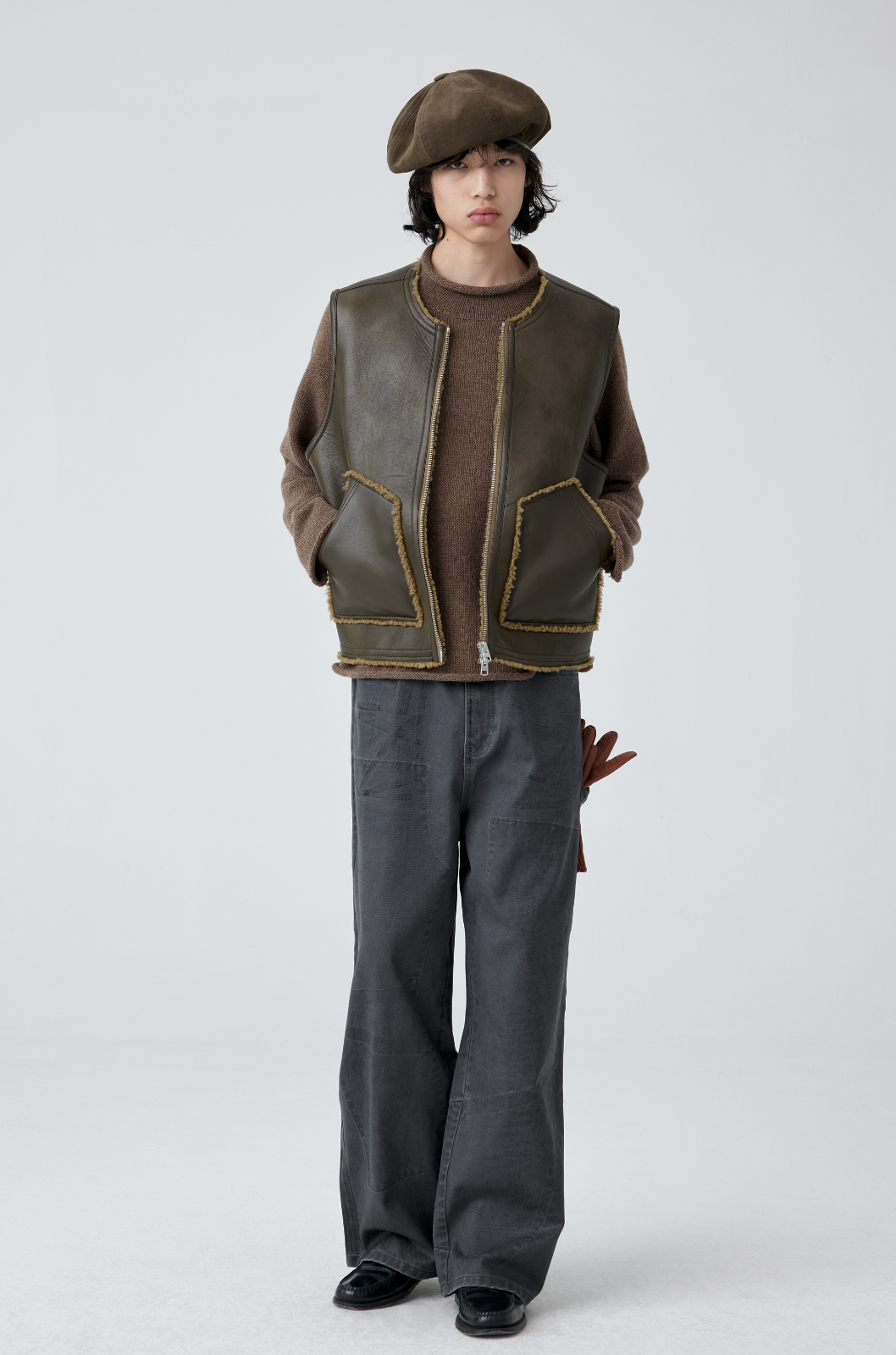 와이드 레그 패턴 워시드 데님 팬츠