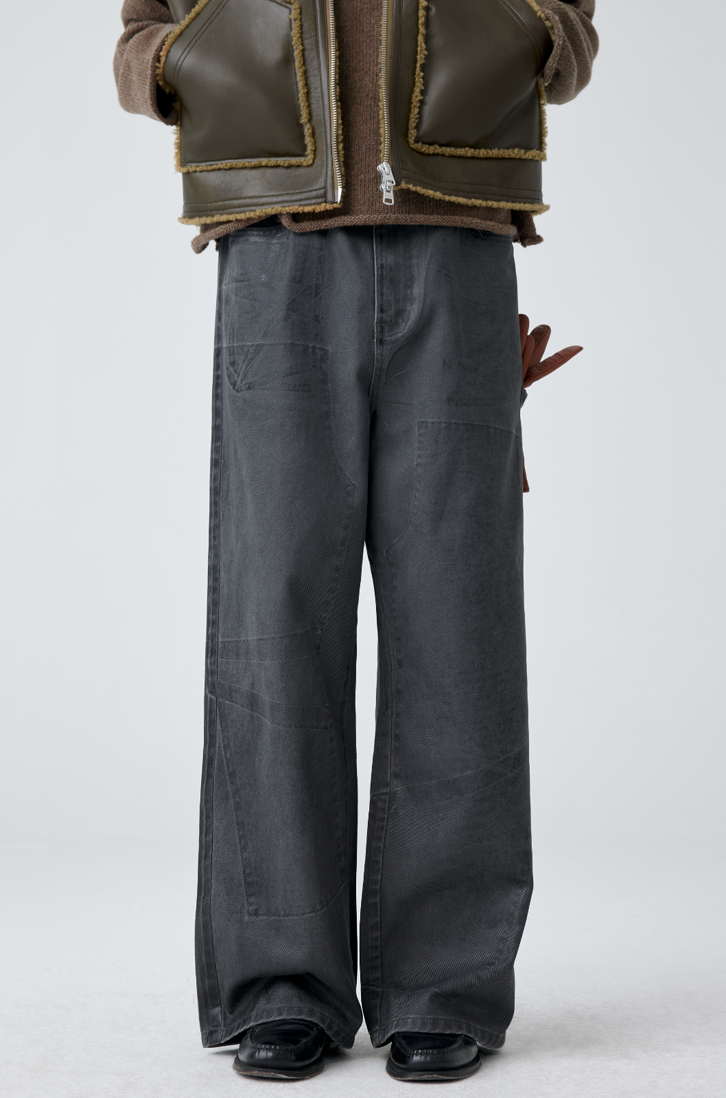 와이드 레그 패턴 워시드 데님 팬츠