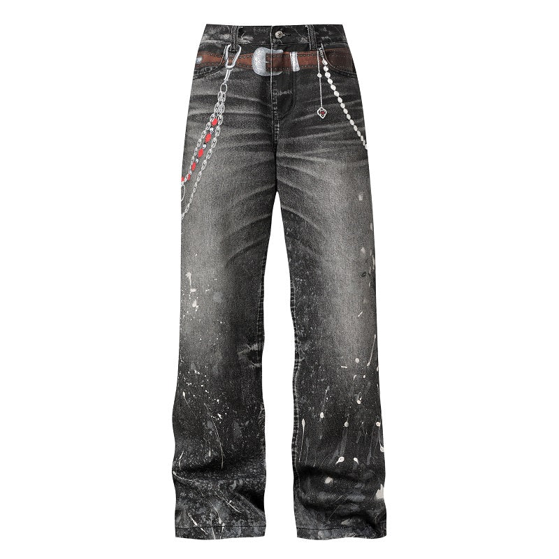 3D Chain Print Vintage Jeans