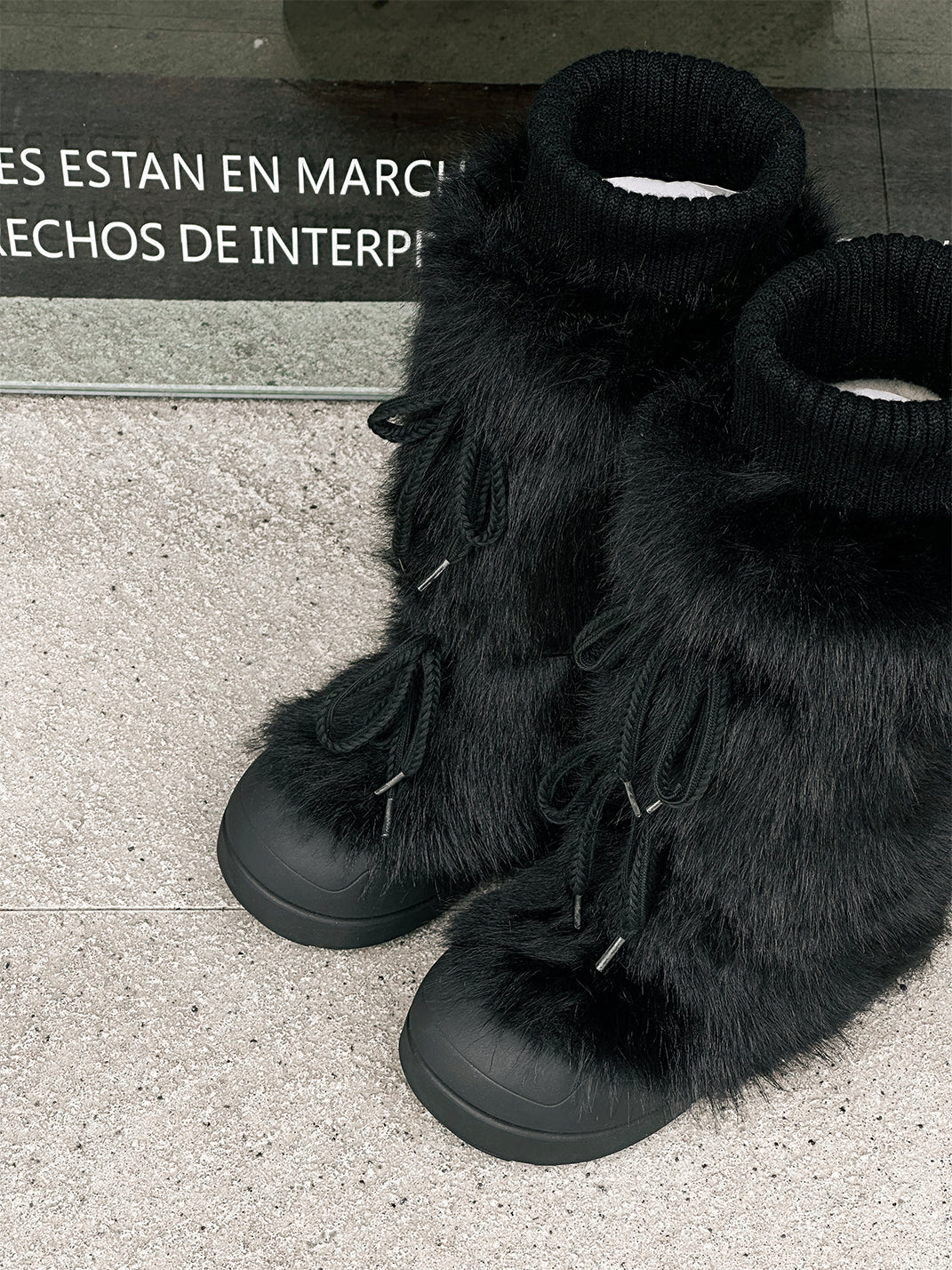 Black Plush-Lined Tall Platform Boots