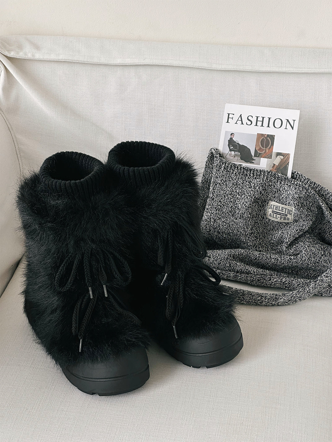 Black Fur-Lined Mid-Top Platform Ankle Boots