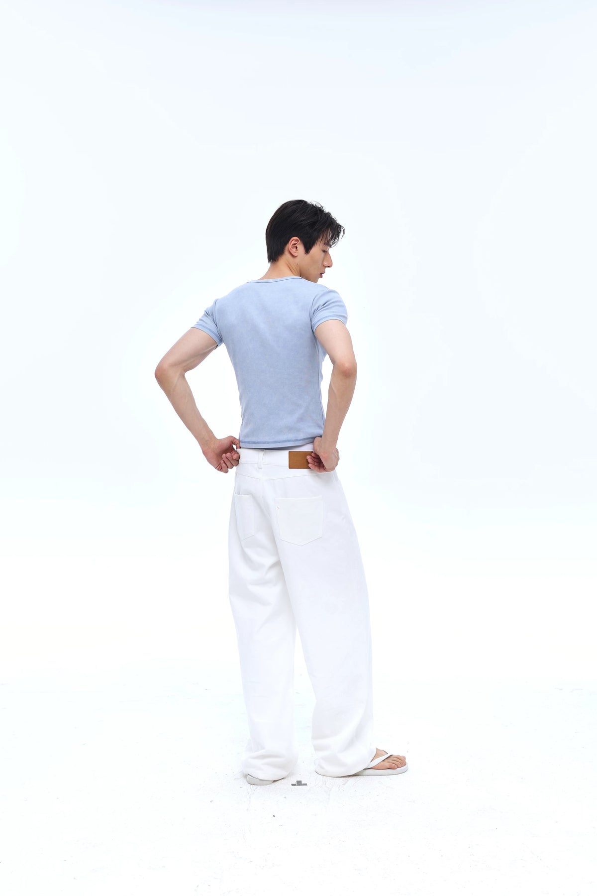 Washed-Blue Distressed Henley Tee product view 4