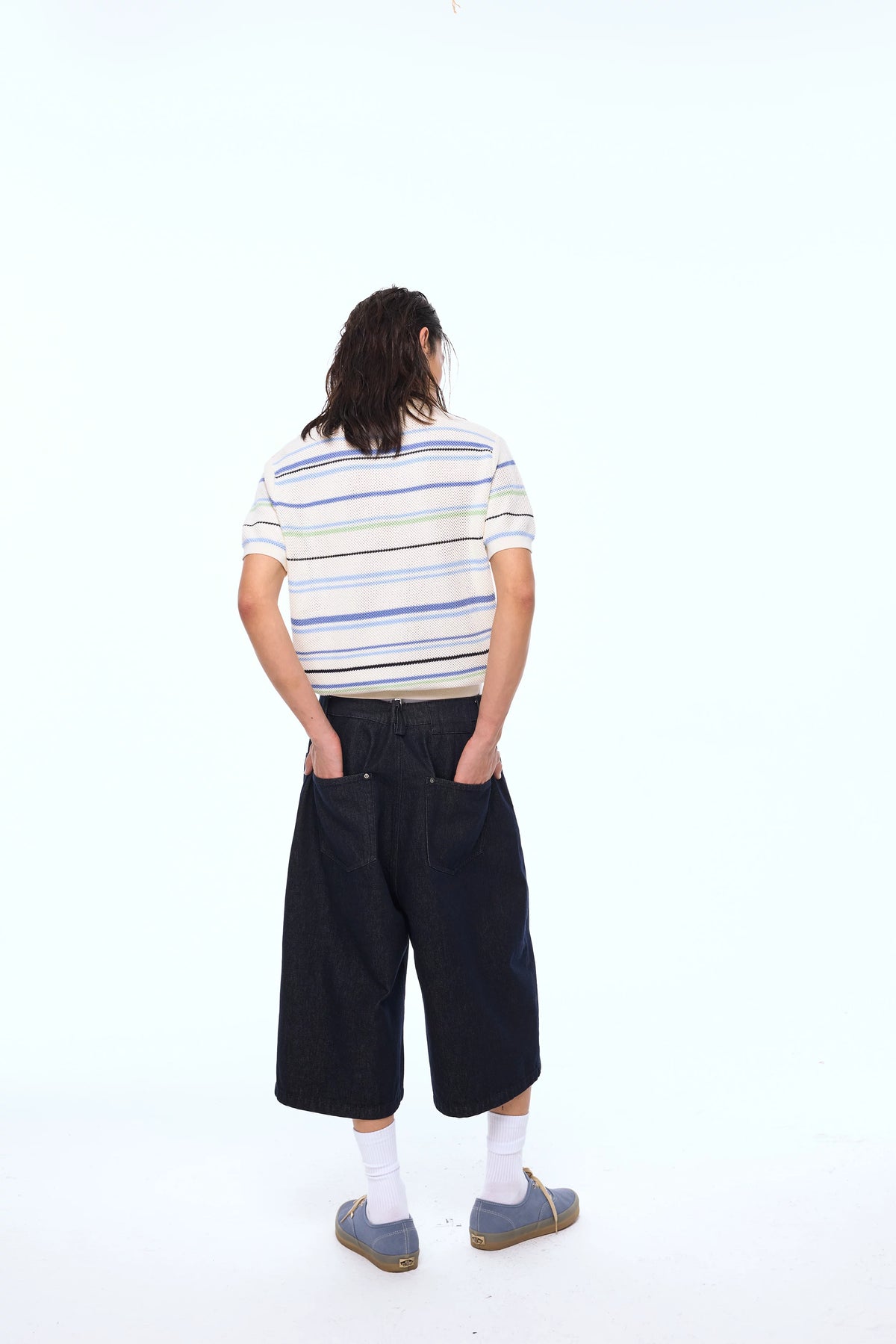 Blue-Stripe Openwork Knit Polo Shirt product view 3