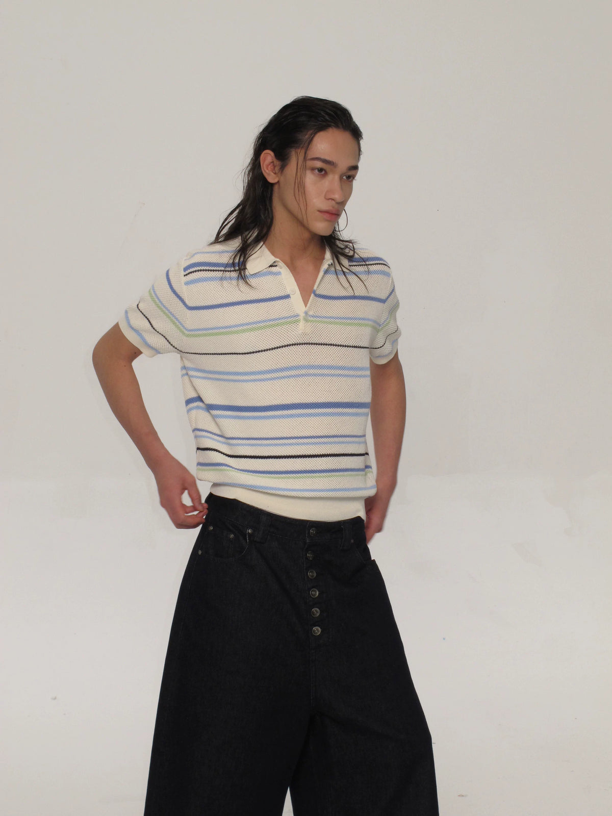 Blue-Stripe Openwork Knit Polo Shirt product view 1