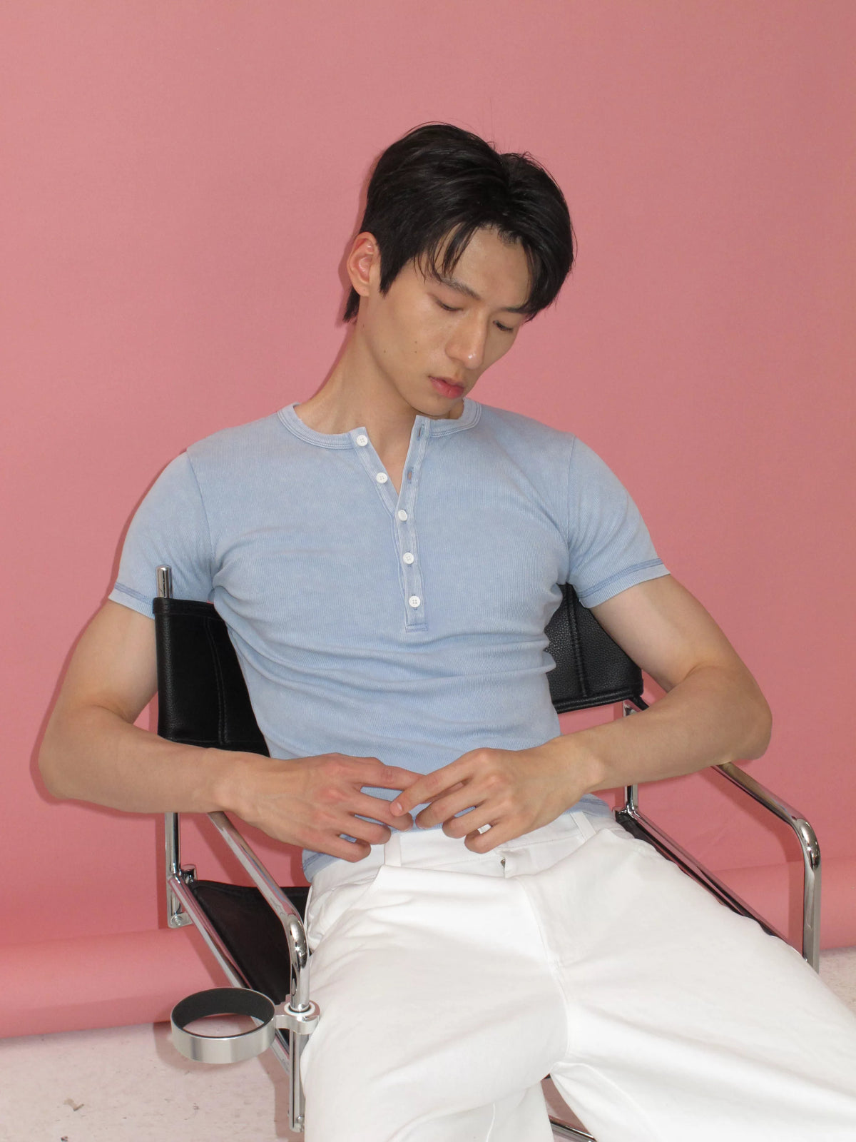 Washed-Blue Distressed Henley Tee product view 2