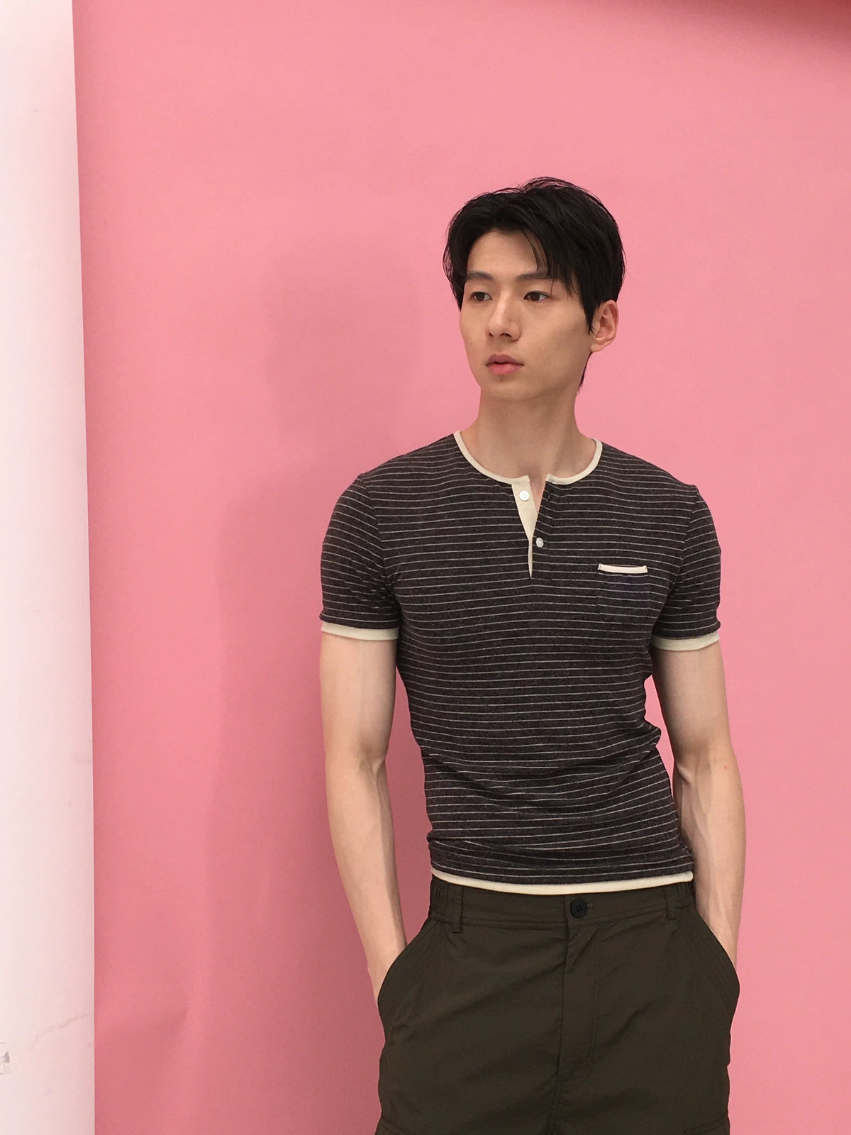 Brown-Stripe Contrast-Trim Henley Tee product view 1