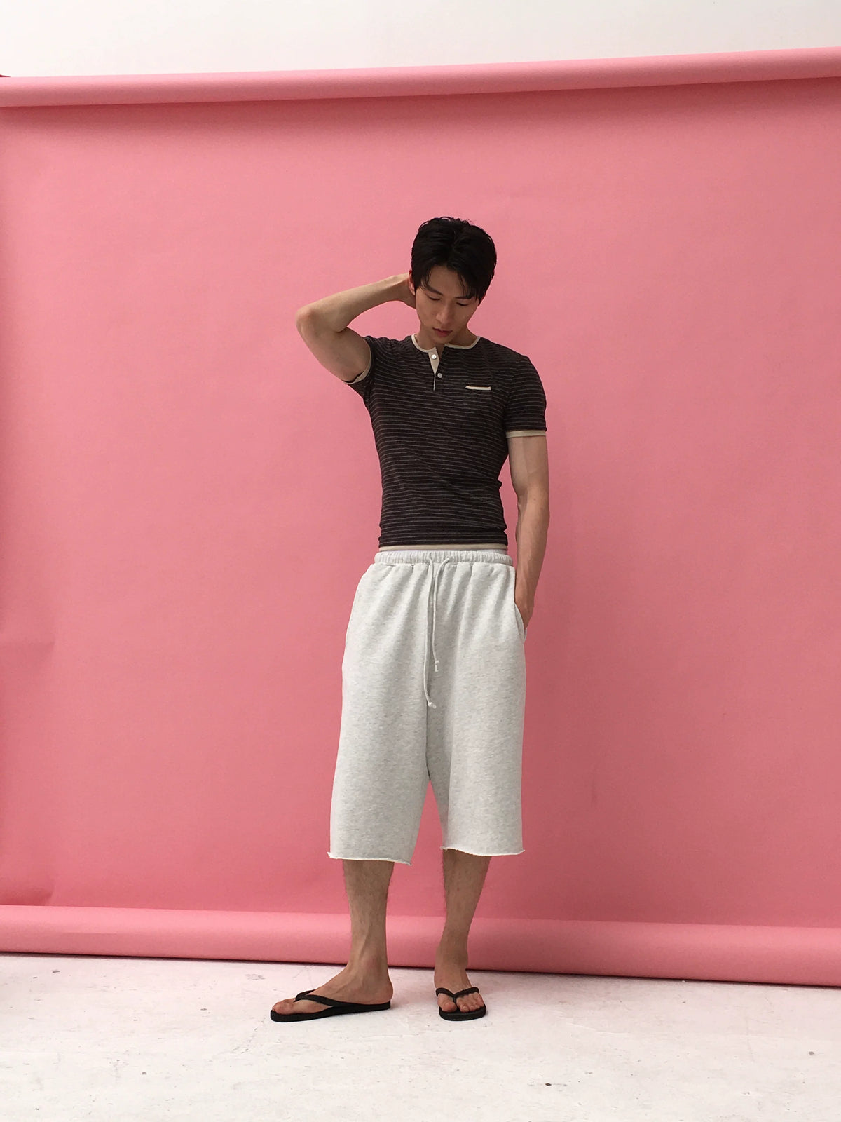 Brown-Stripe Contrast-Trim Henley Tee product view 3