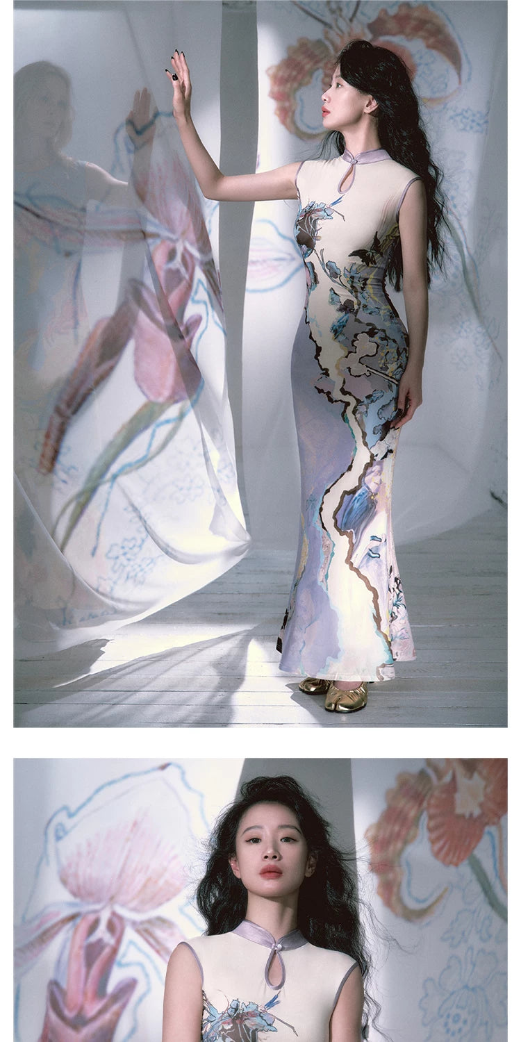 Painterly Sleeveless Qipao Maxi Dress product view 4