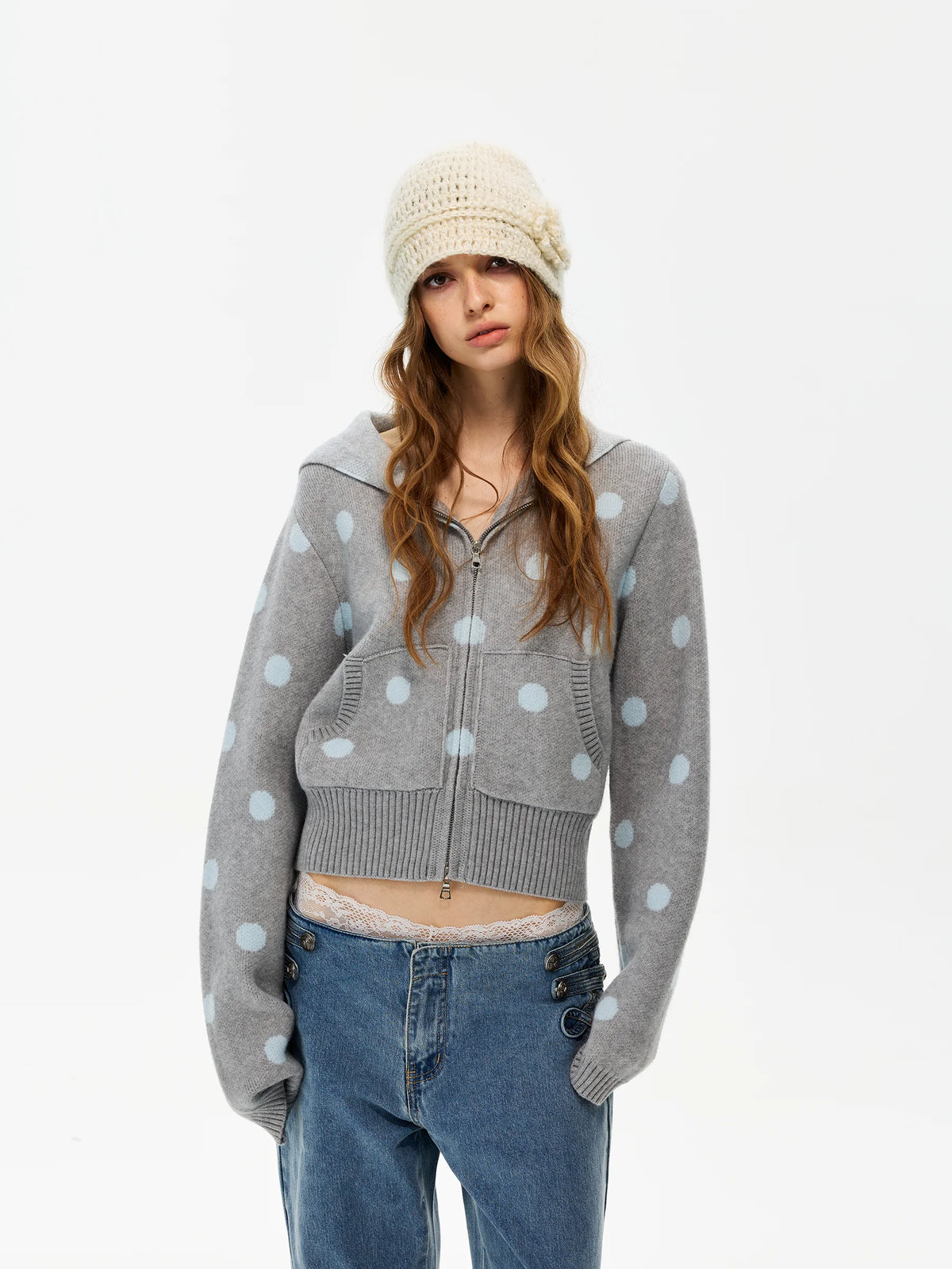 Polka-Dot Zip Knit Hoodie product view 1