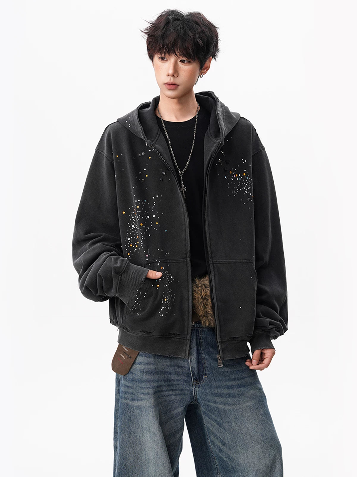 Rhinestone Relaxed Zip Hoodie product view 1
