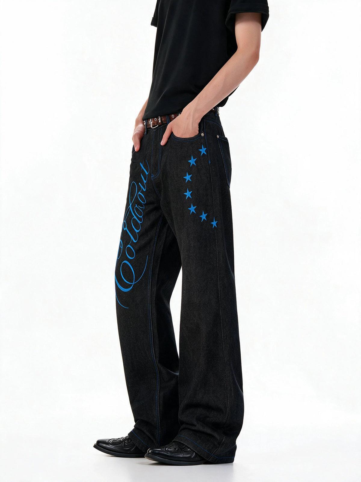 Script-Embroidered Black Flare Jeans product view 5