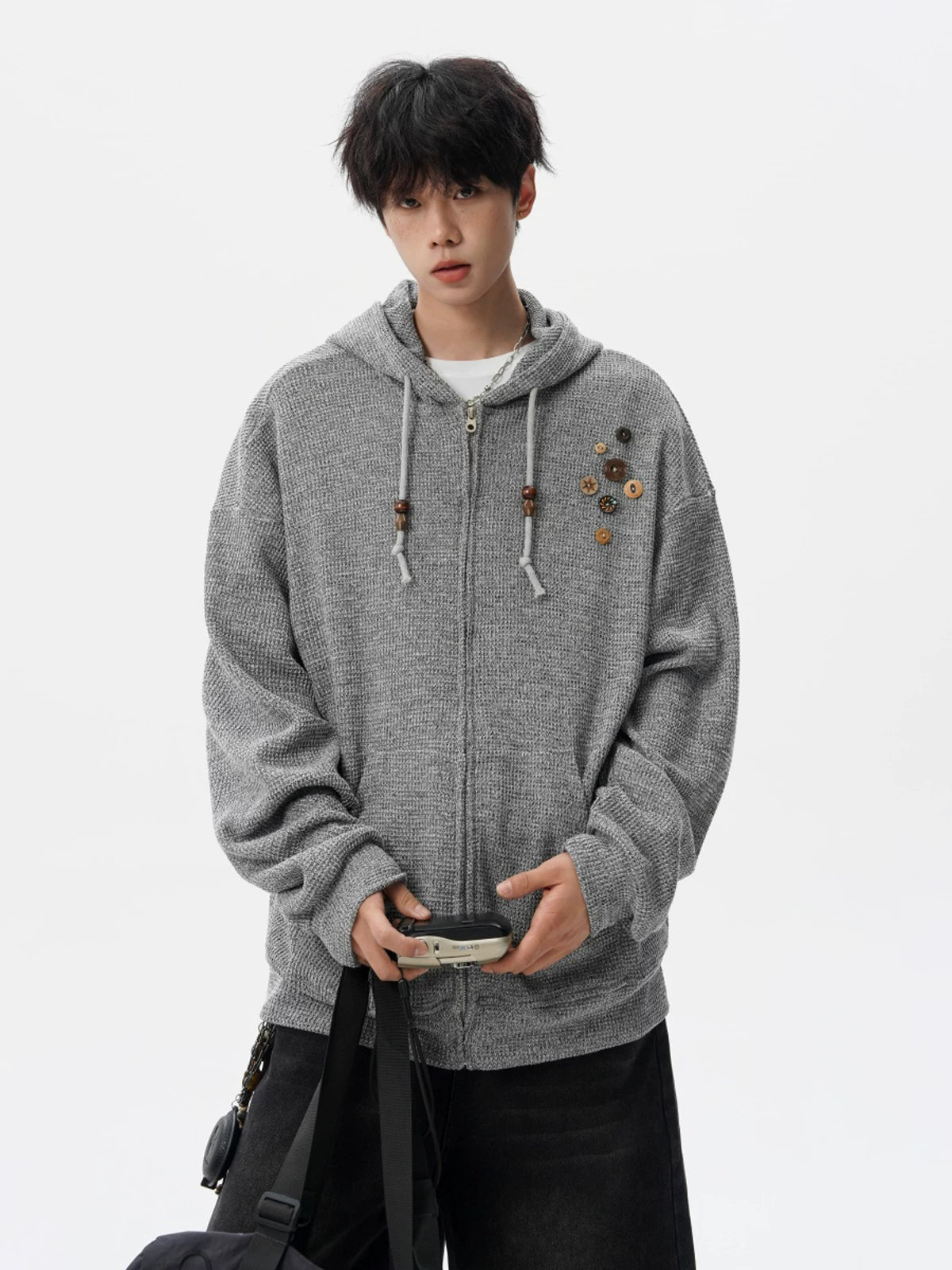 Button-Trim Hooded Knit Cardigan product view 1