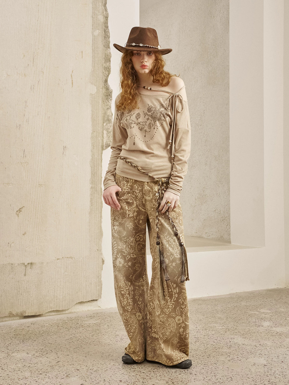 Brown Paisley Wide-Leg Jeans product view 1