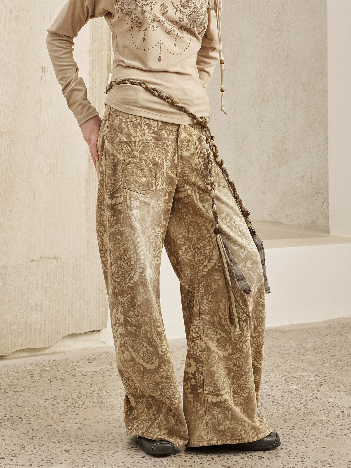 Brown Paisley Wide-Leg Jeans product view 2