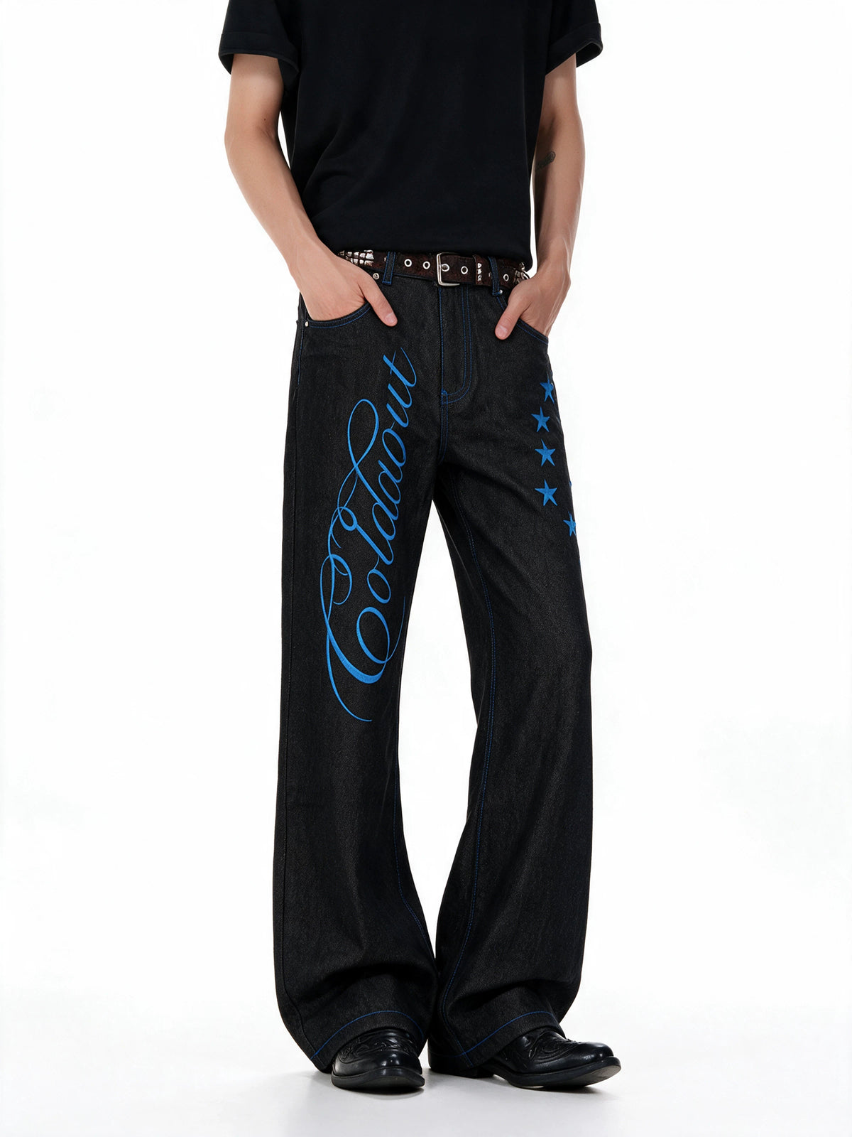 Script-Embroidered Black Flare Jeans product view 1