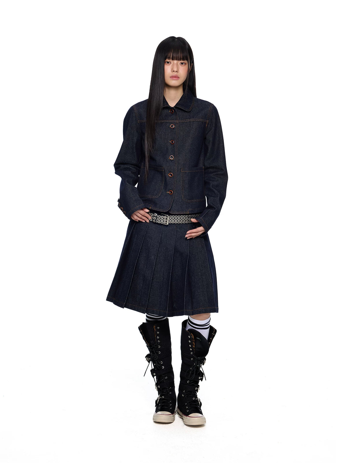 Rounded-Collar Cropped Denim Jacket product view 4