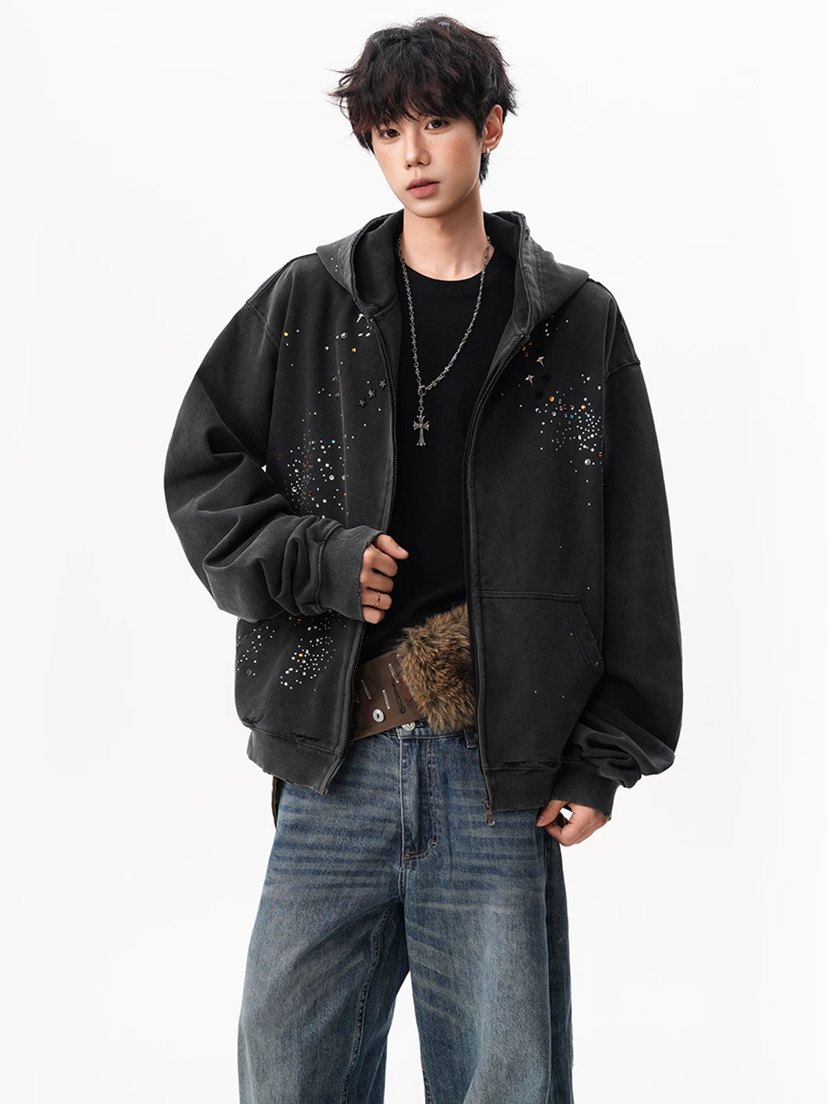 Rhinestone Relaxed Zip Hoodie product view 4