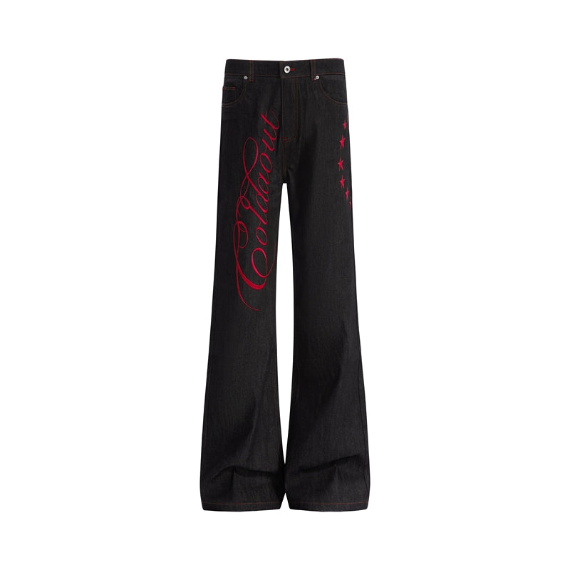 Script-Embroidered Black Flare Jeans product view 2