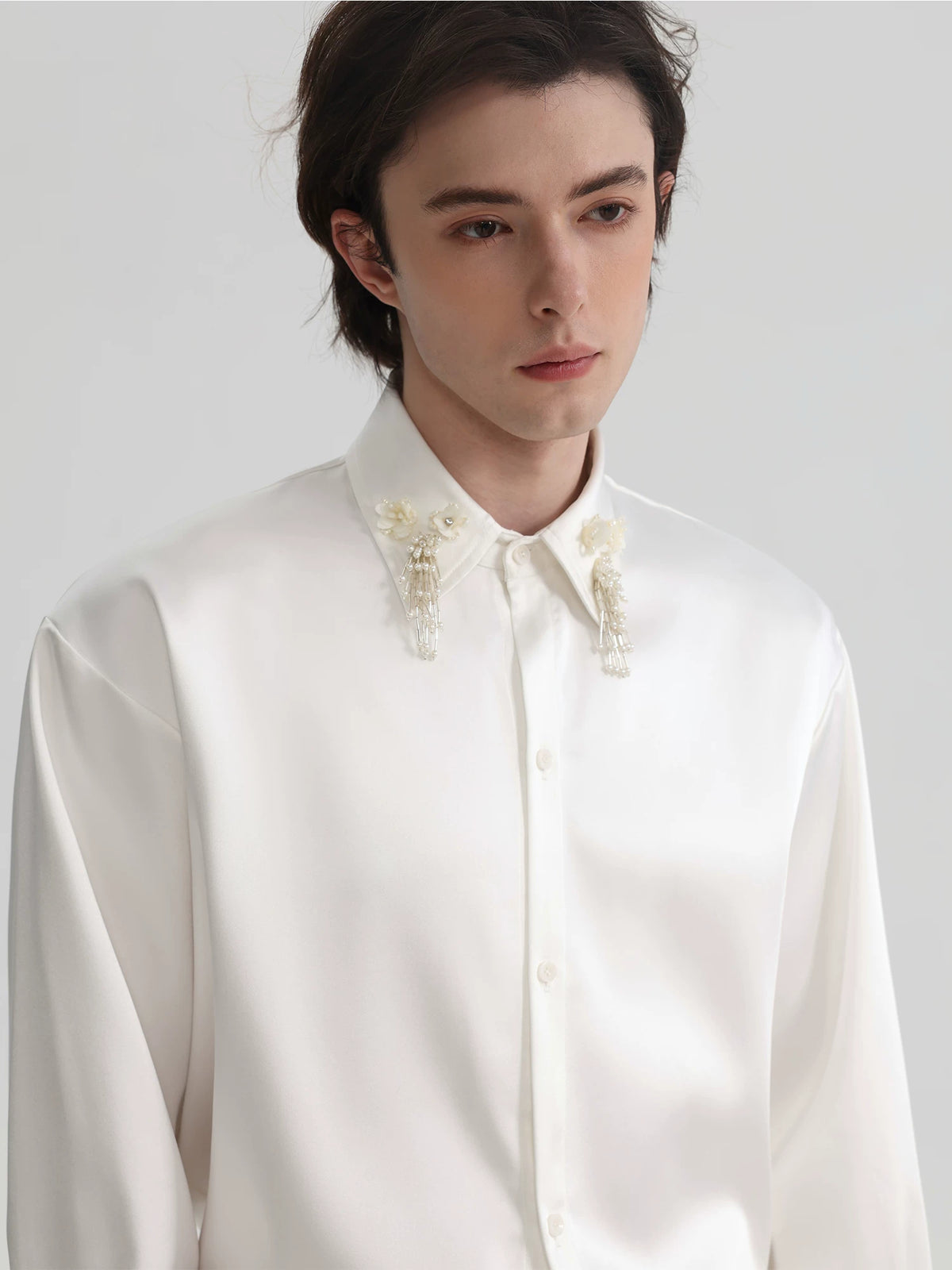 Pearl-Fringe Collar Satin Shirt product view 2