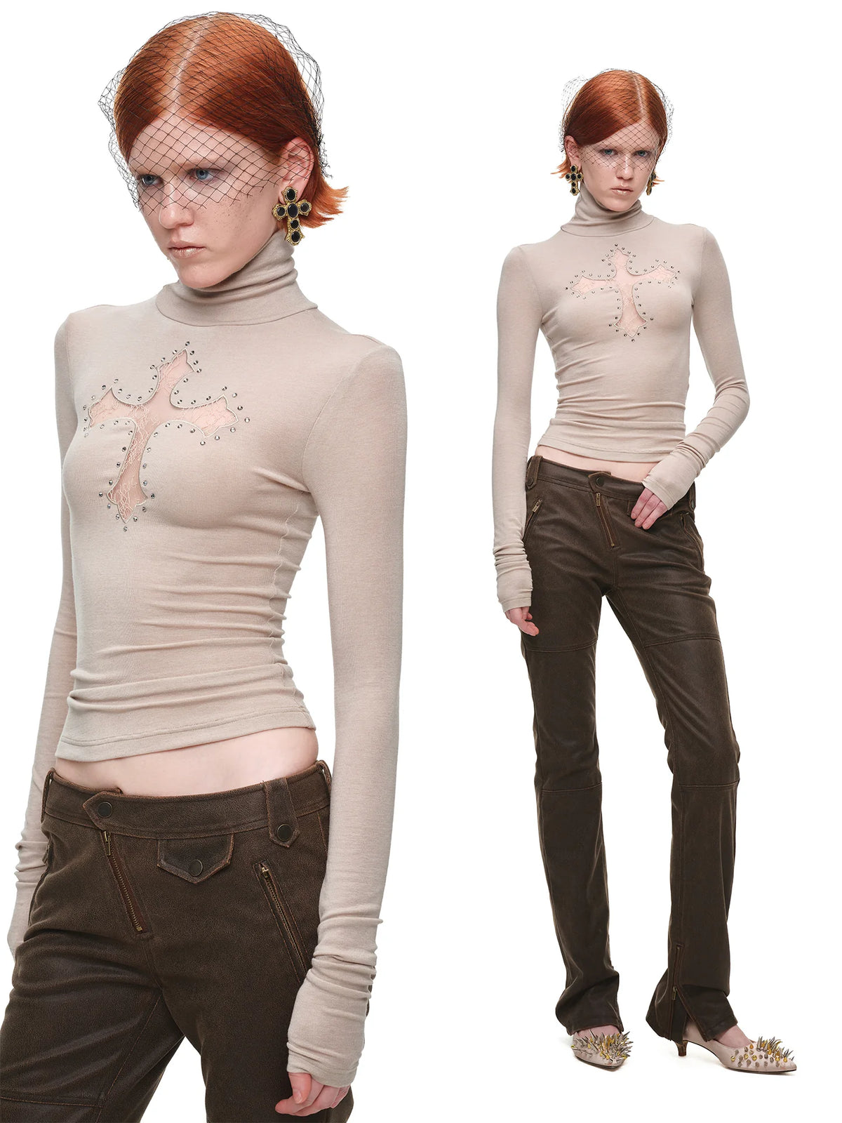 Lace-Cross Rhinestone Turtleneck Top product view 3