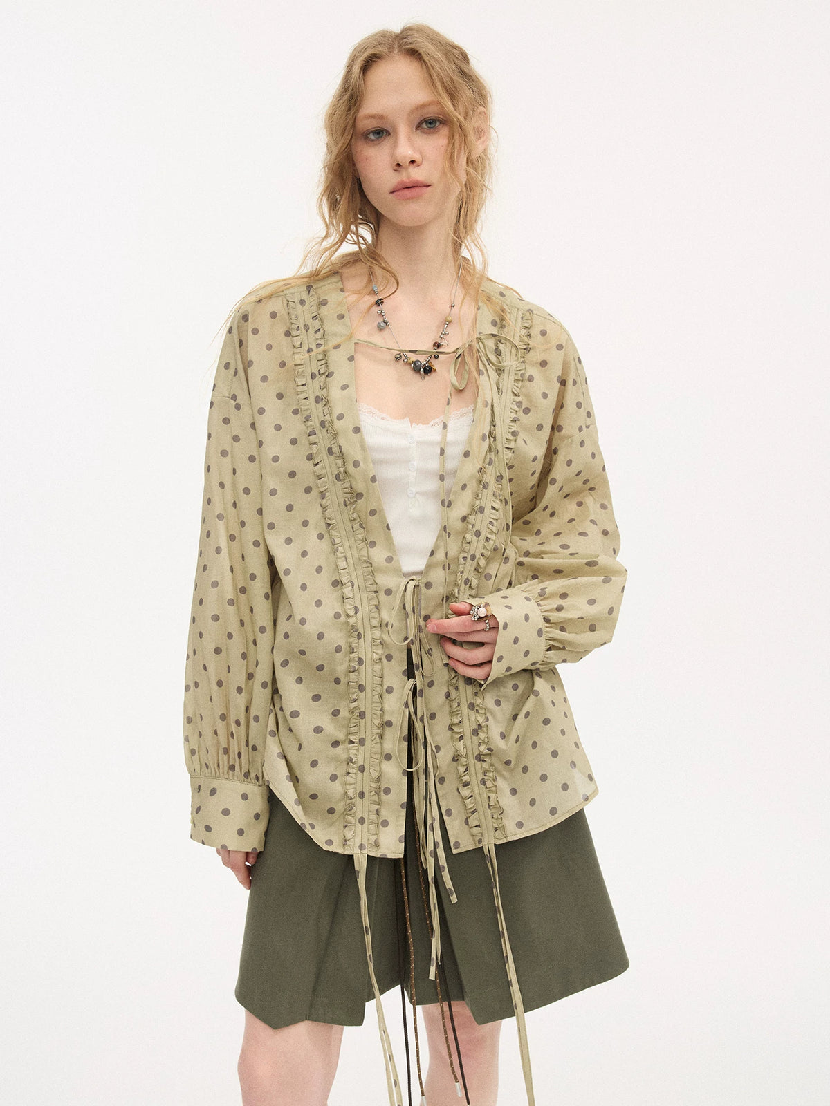 Matcha Polka-Dot Ruffle Tie-Front Blouse product view 1