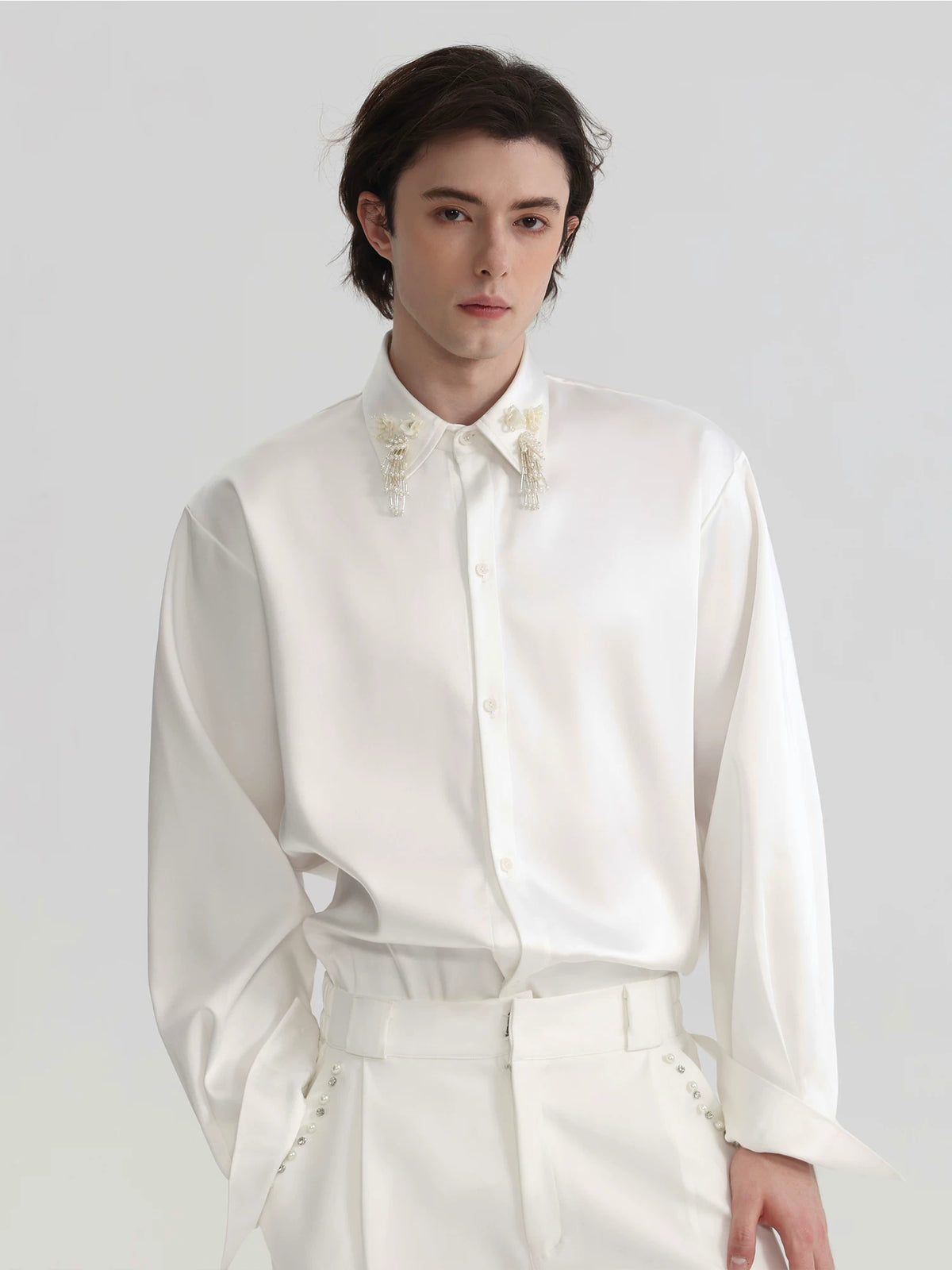 Pearl-Fringe Collar Satin Shirt product view 1