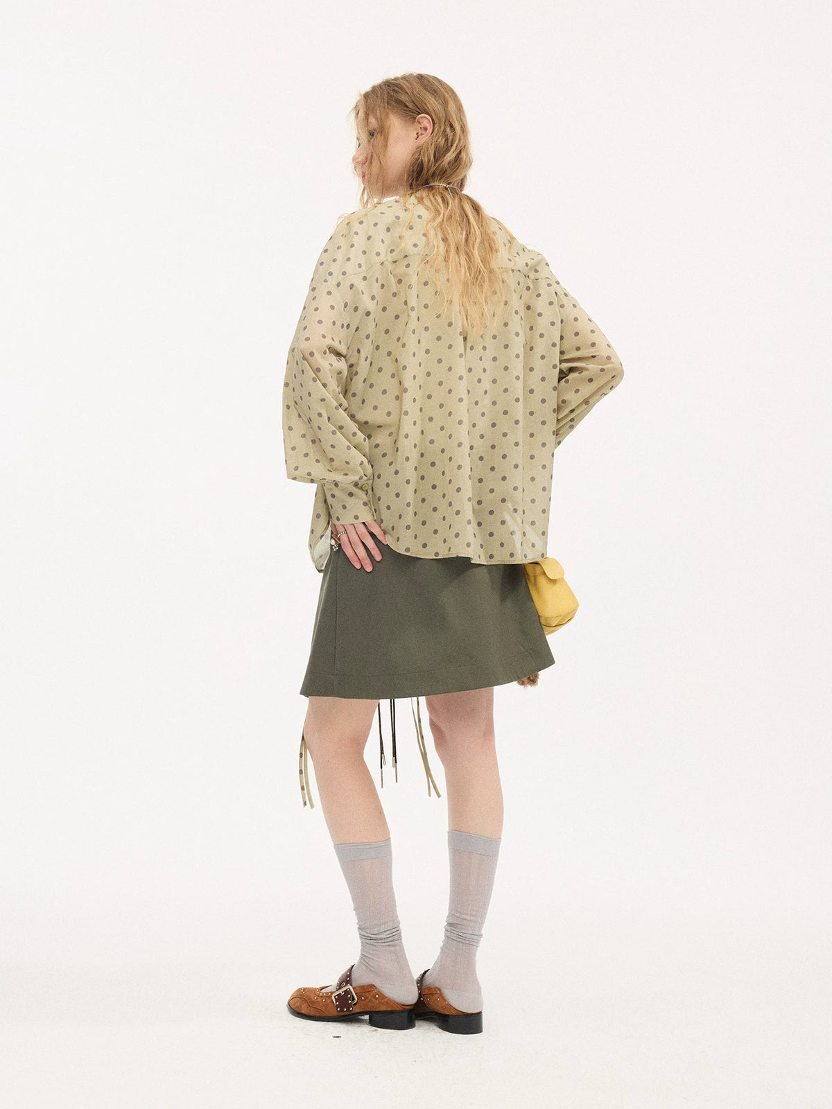 Matcha Polka-Dot Ruffle Tie-Front Blouse product view 3