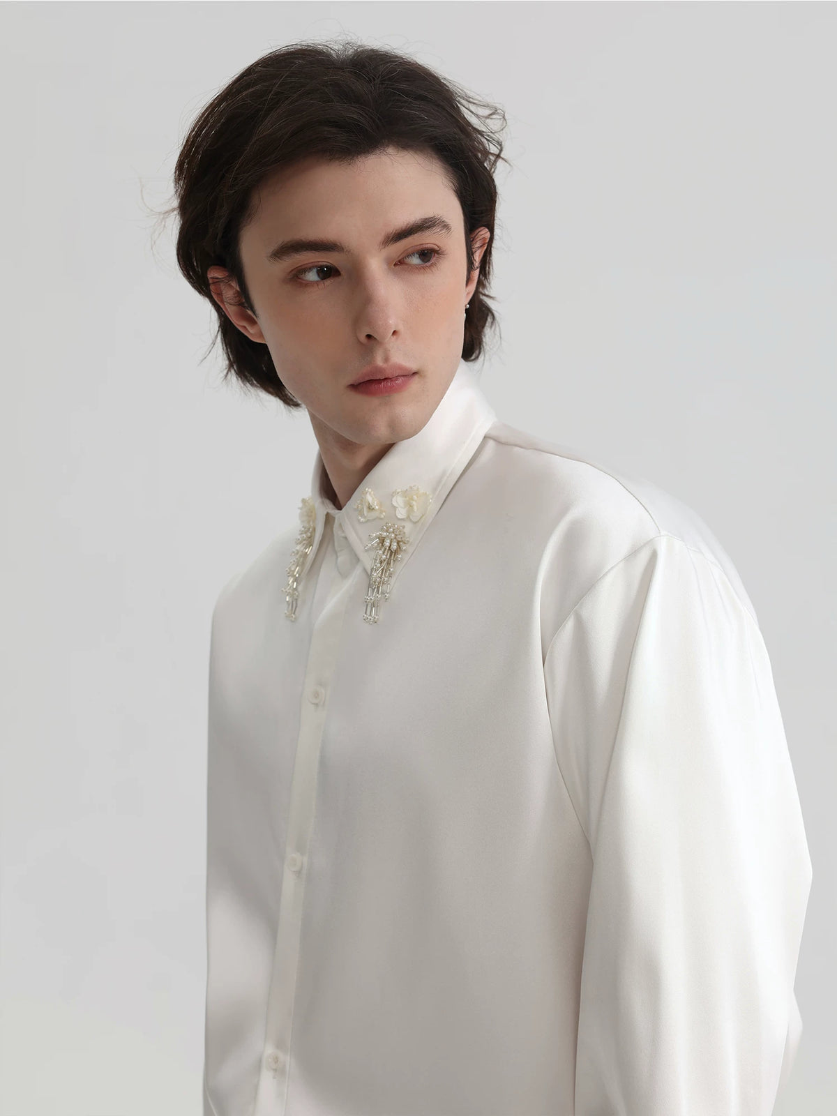 Pearl-Fringe Collar Satin Shirt product view 4