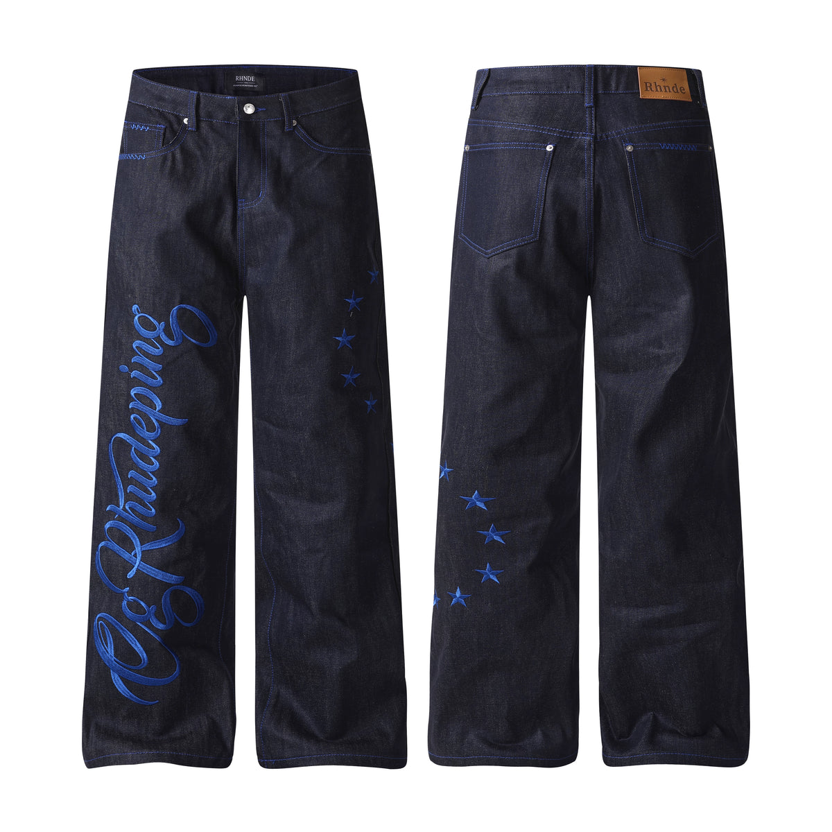 Blue Script-and-Star Embroidered Jeans product view 1
