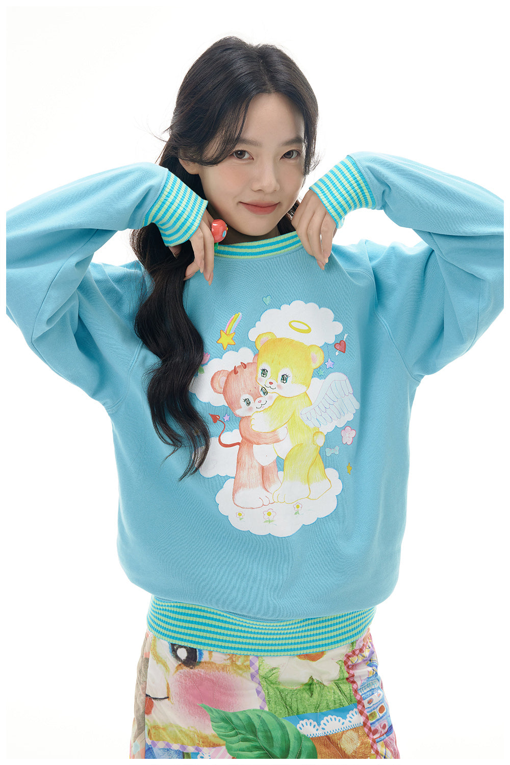 Angel Bear Print Striped Trim Sweatshirt
