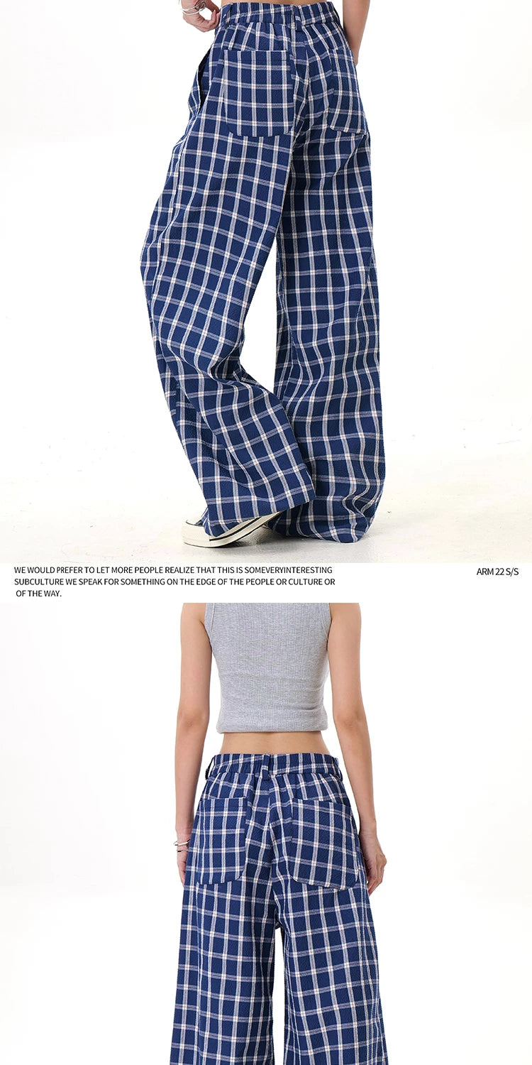 Plaid button wide-leg pants blue plaid side detail