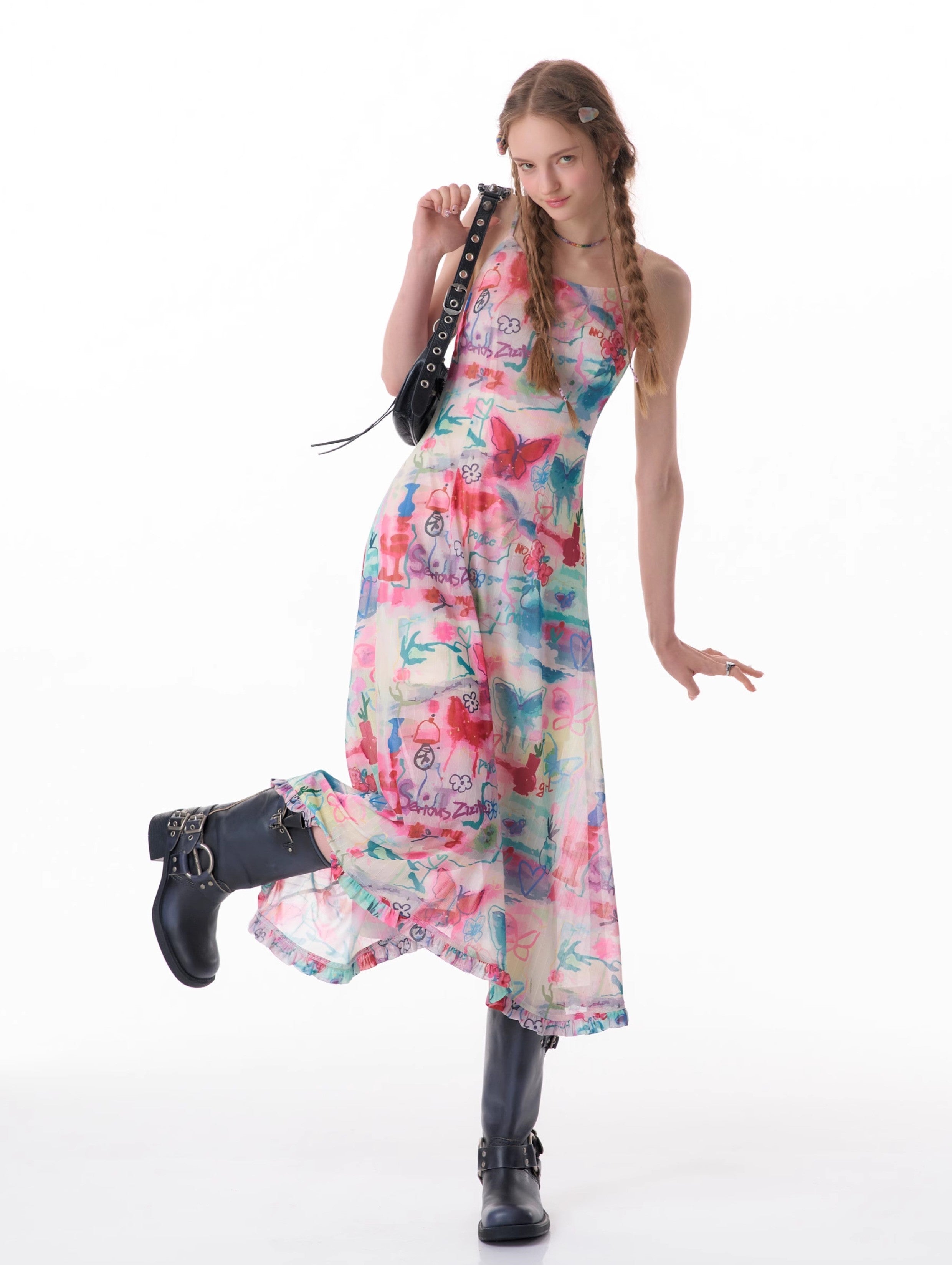 Vestido slip de midi estampado de mariposa