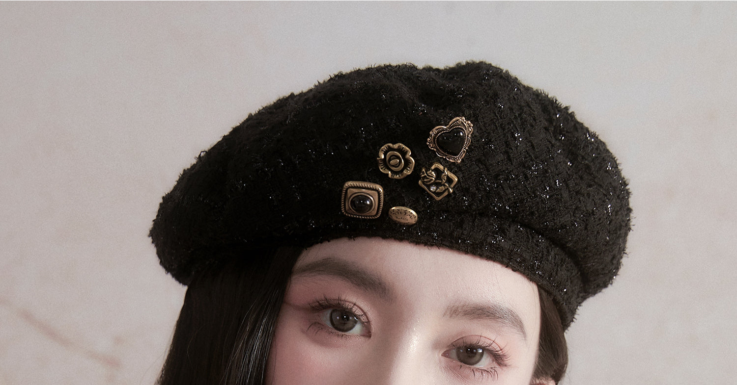 Black Wool Beret with Pin Accessories