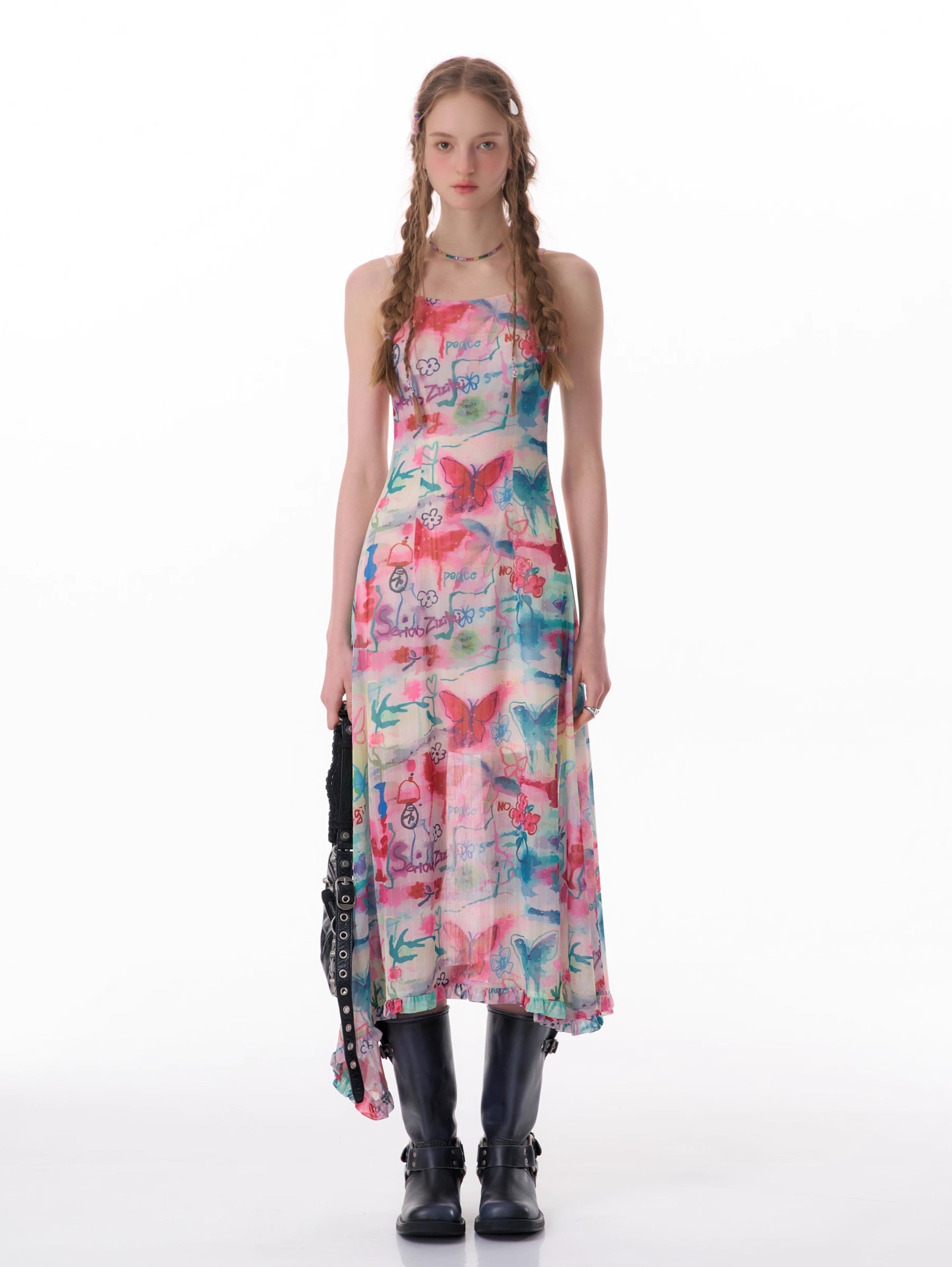 Vestido slip de midi estampado de mariposa