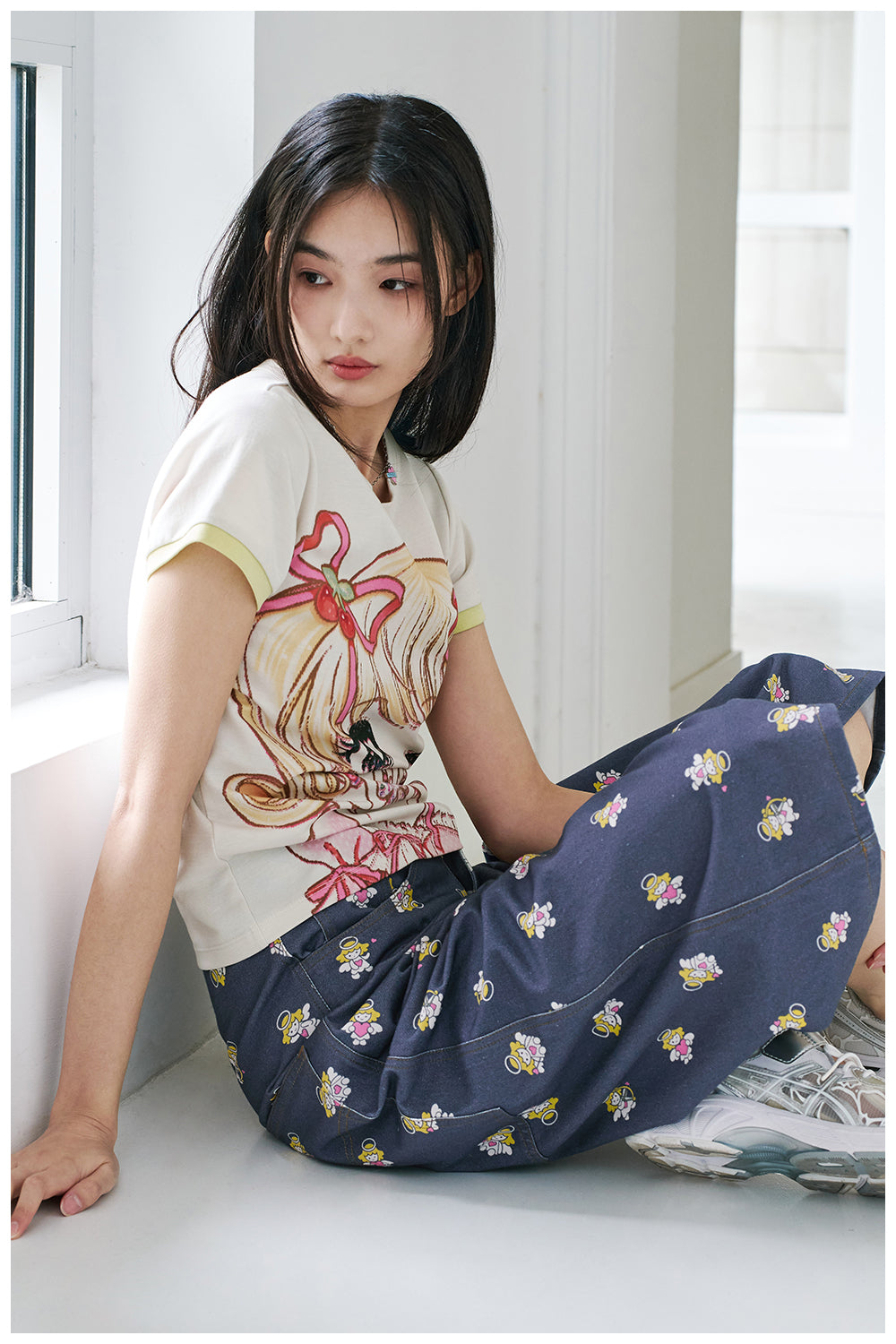 Angel Print Wide Leg Denim Culottes