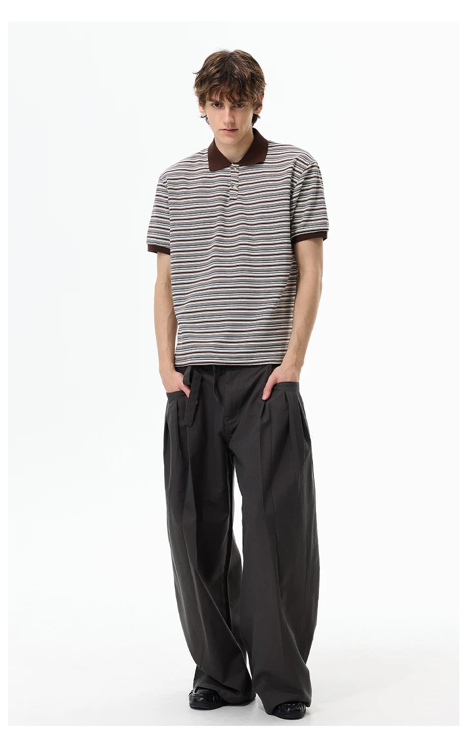 Retro Contrast-Stripe Polo T-Shirt Brown styled full-length view