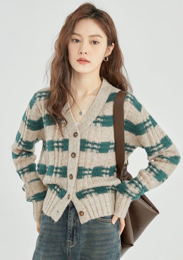 Green and Beige Plaid Knit Cardigan