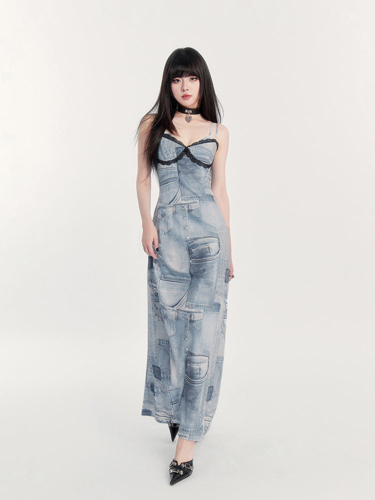 레이스 트림 데님 버스티에 드레스