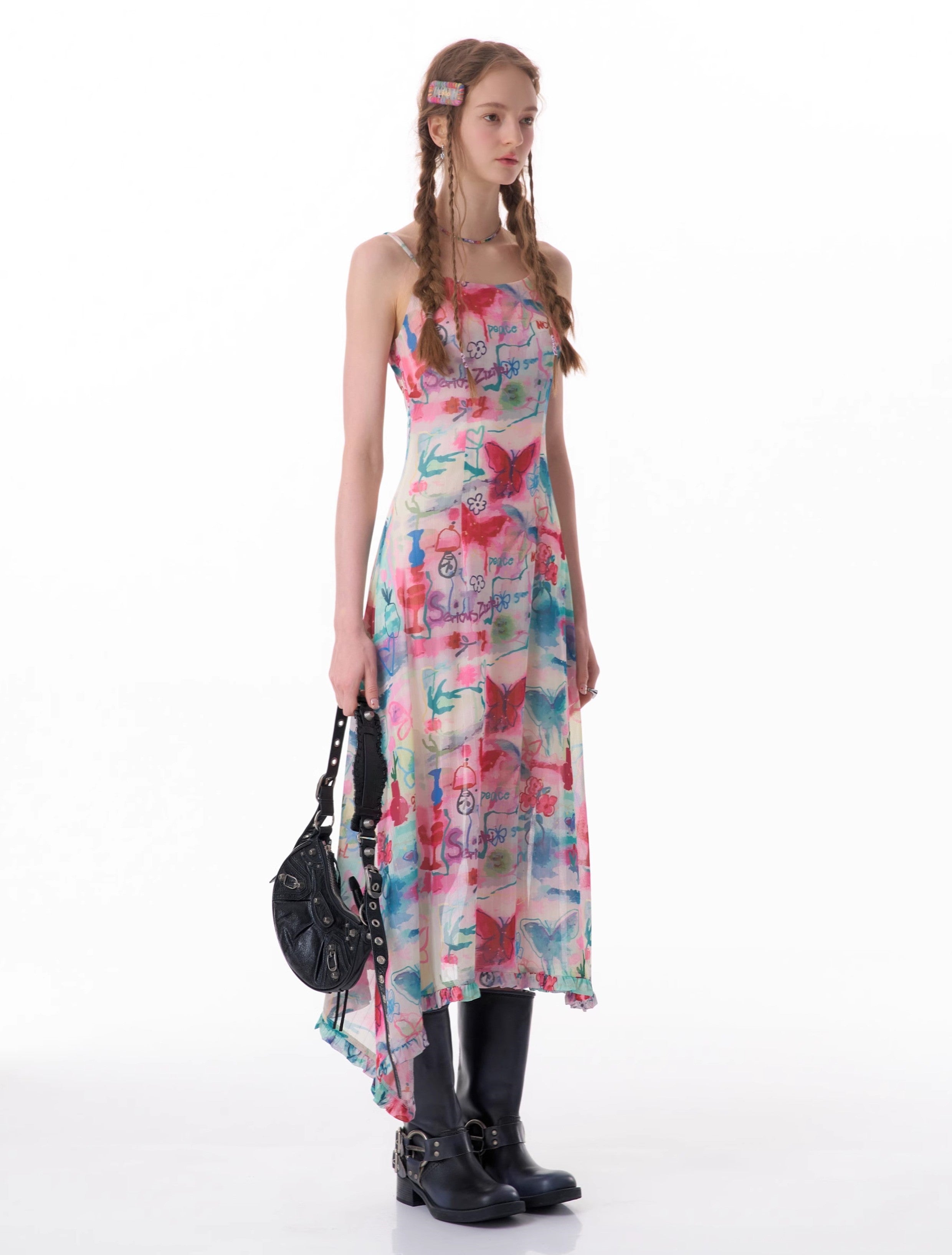 Vestido slip de midi estampado de mariposa
