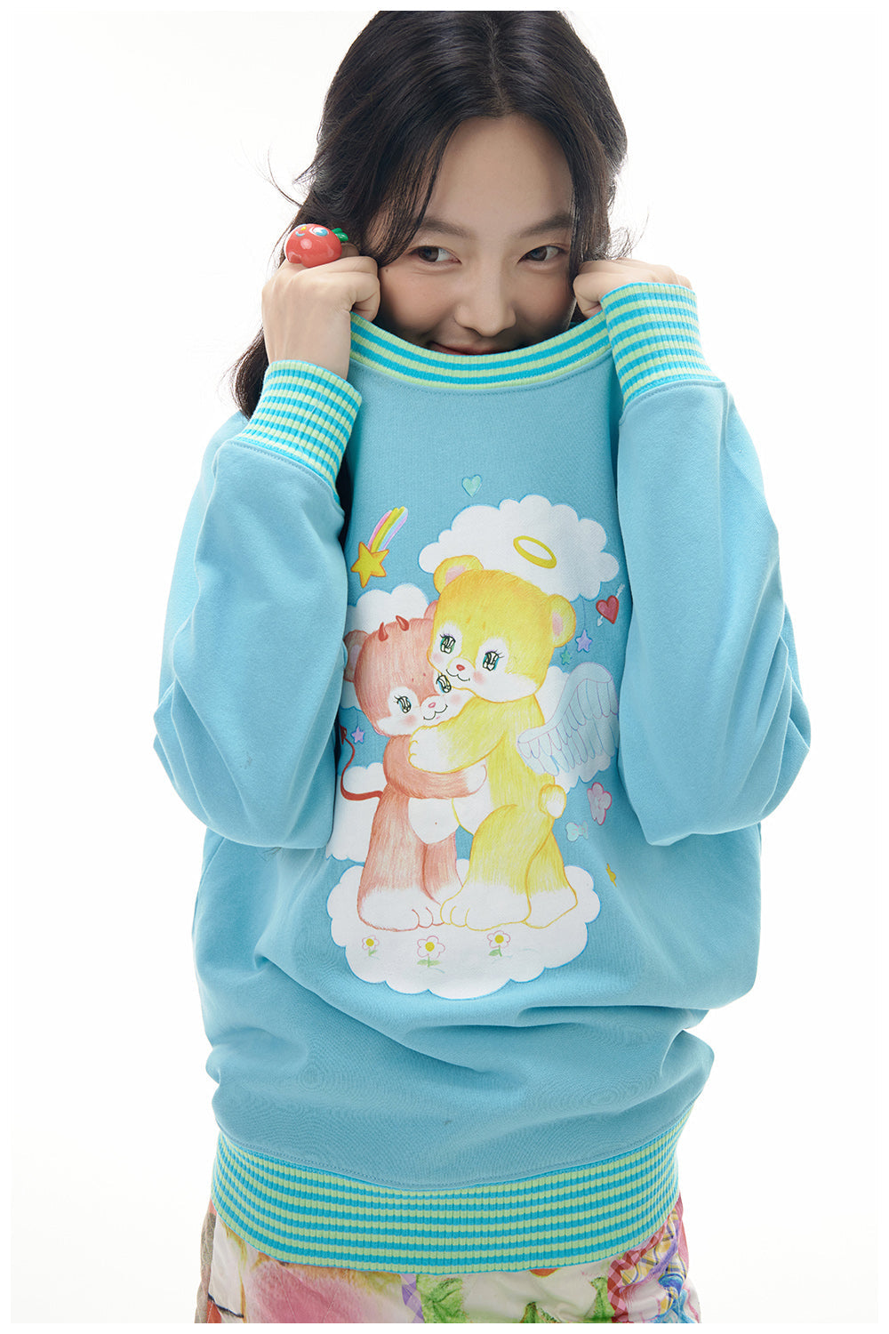 Angel Bear Print Striped Trim Sweatshirt
