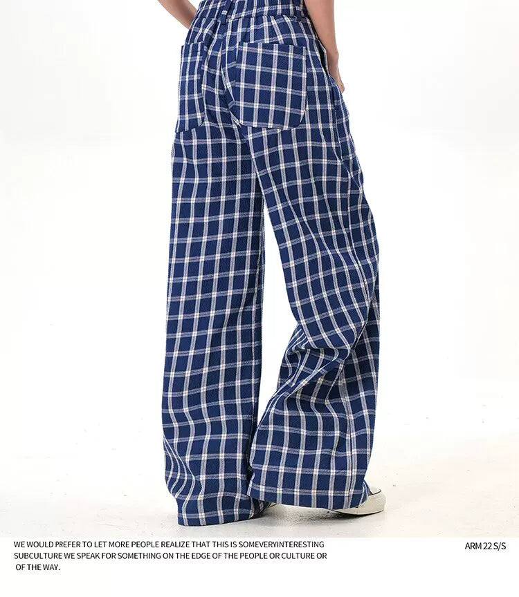 Plaid button wide-leg pants blue plaid full side view