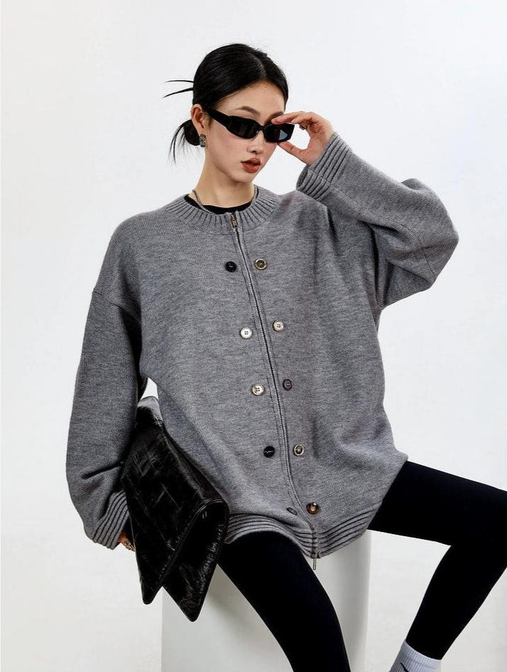 Ribbed Trim Oversized Button Zip Knit Cardigan