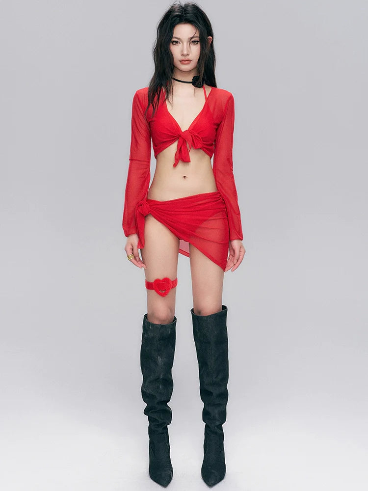 Red Sheer Long Sleeve Tie Front Skirt Set