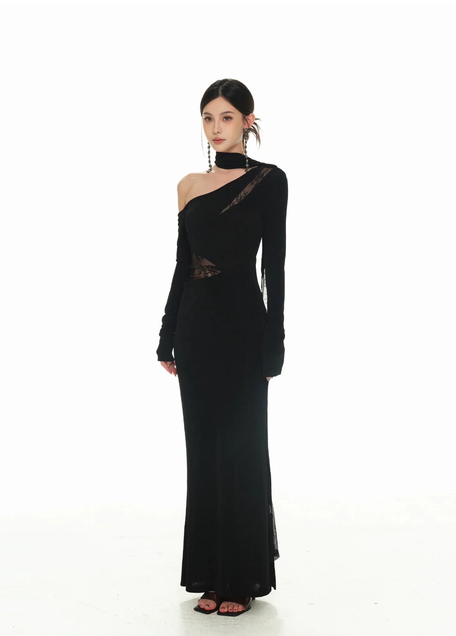 Black Asymmetric Neckline and Lace Inserts Long Evening Gown
