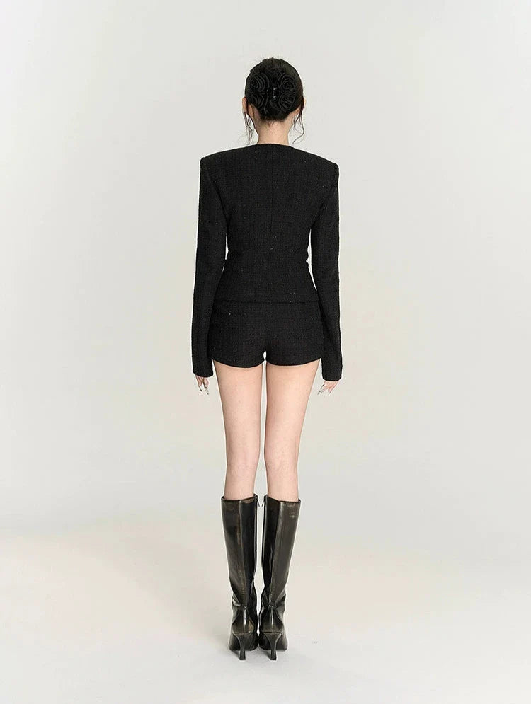 Black Boxy Tweed Blazer and Short Set