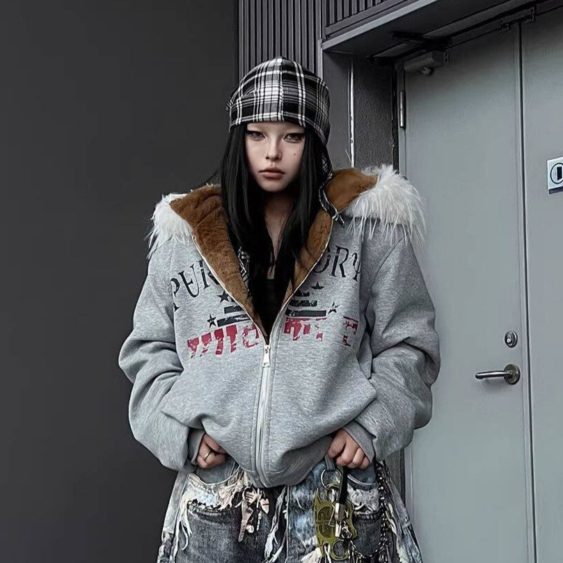 Men's Faux-Fur Graffiti-Print Zip-Up Hooded Jacket
