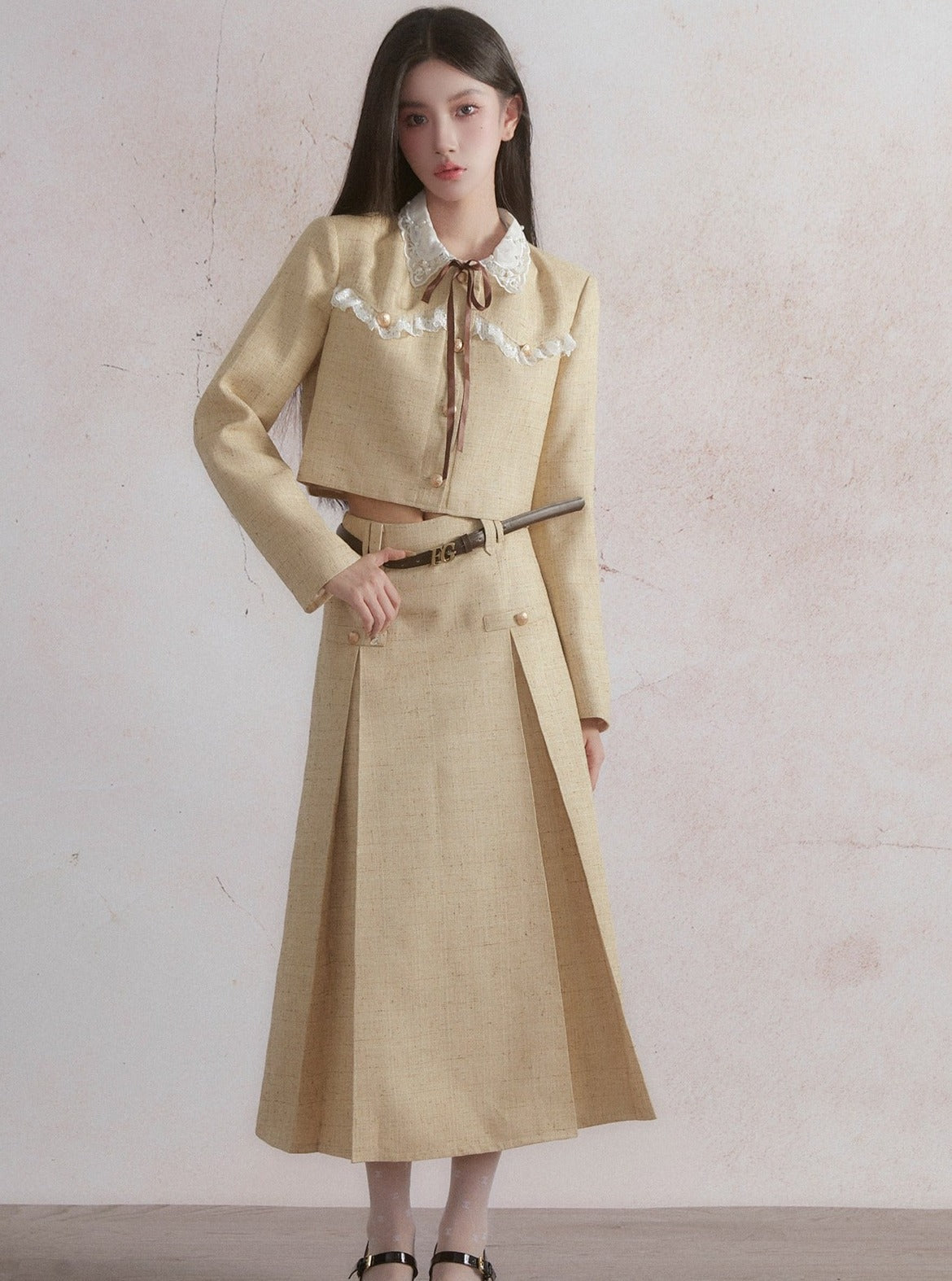 Veste de récolte vintage prairie chic et ensemble de jupe midi midi en ligne - blé doré