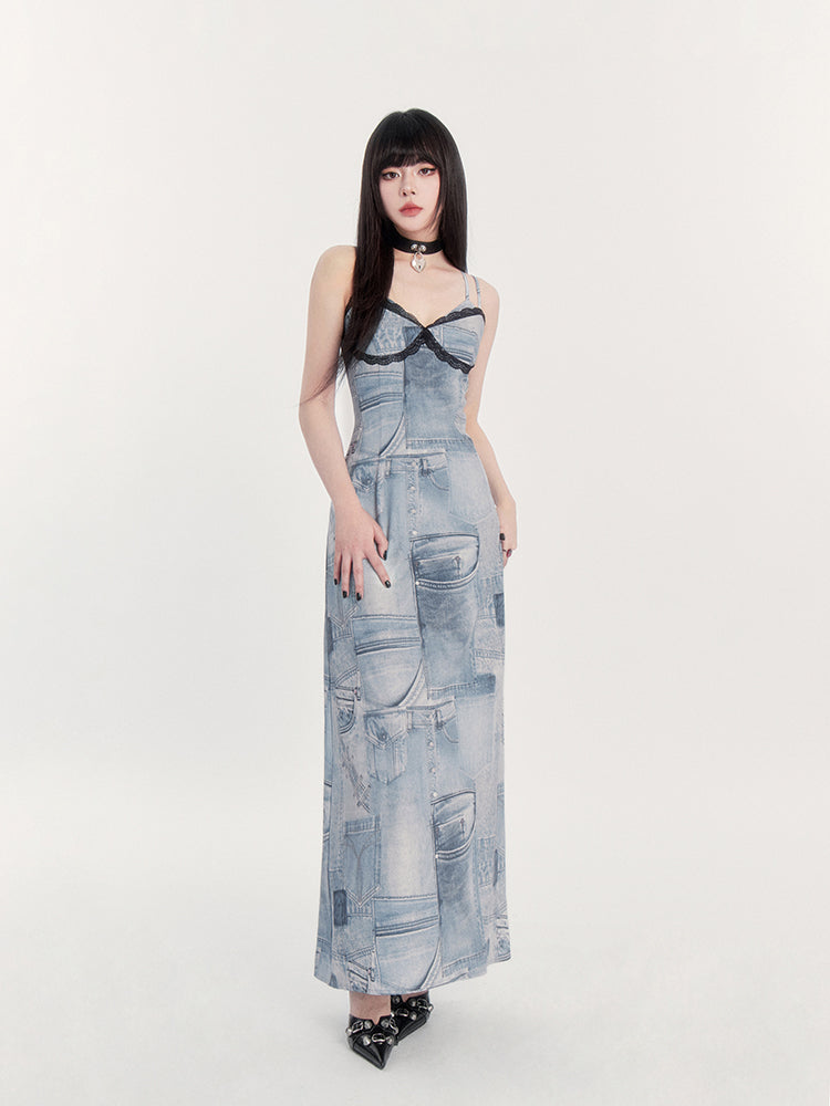 레이스 트림 데님 버스티에 드레스