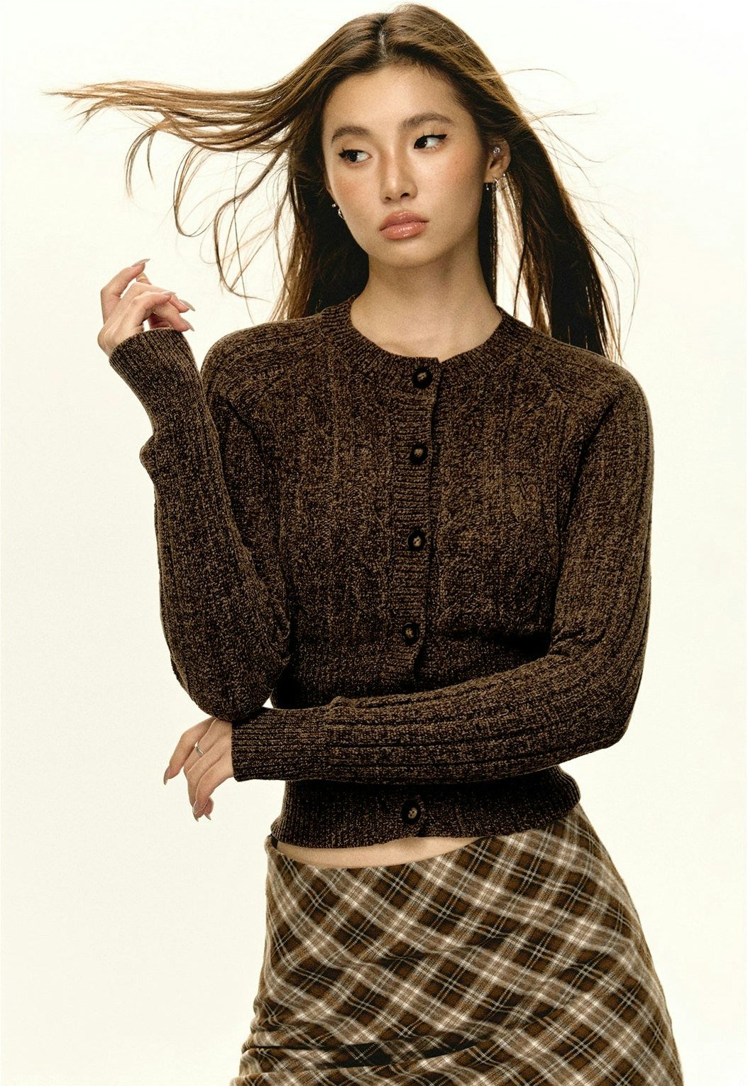 Brown Fitted Ribbed Button Cardigan