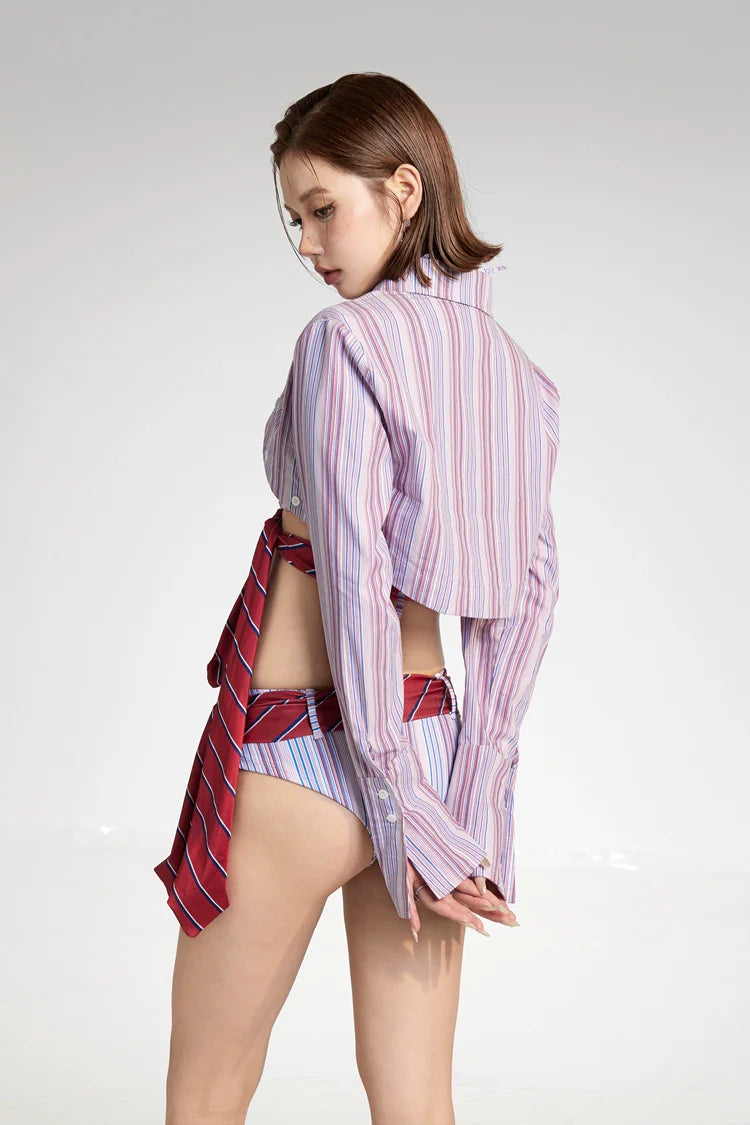 Striped Tie-Front Bikini Set with Long Sleeve Cover-Up